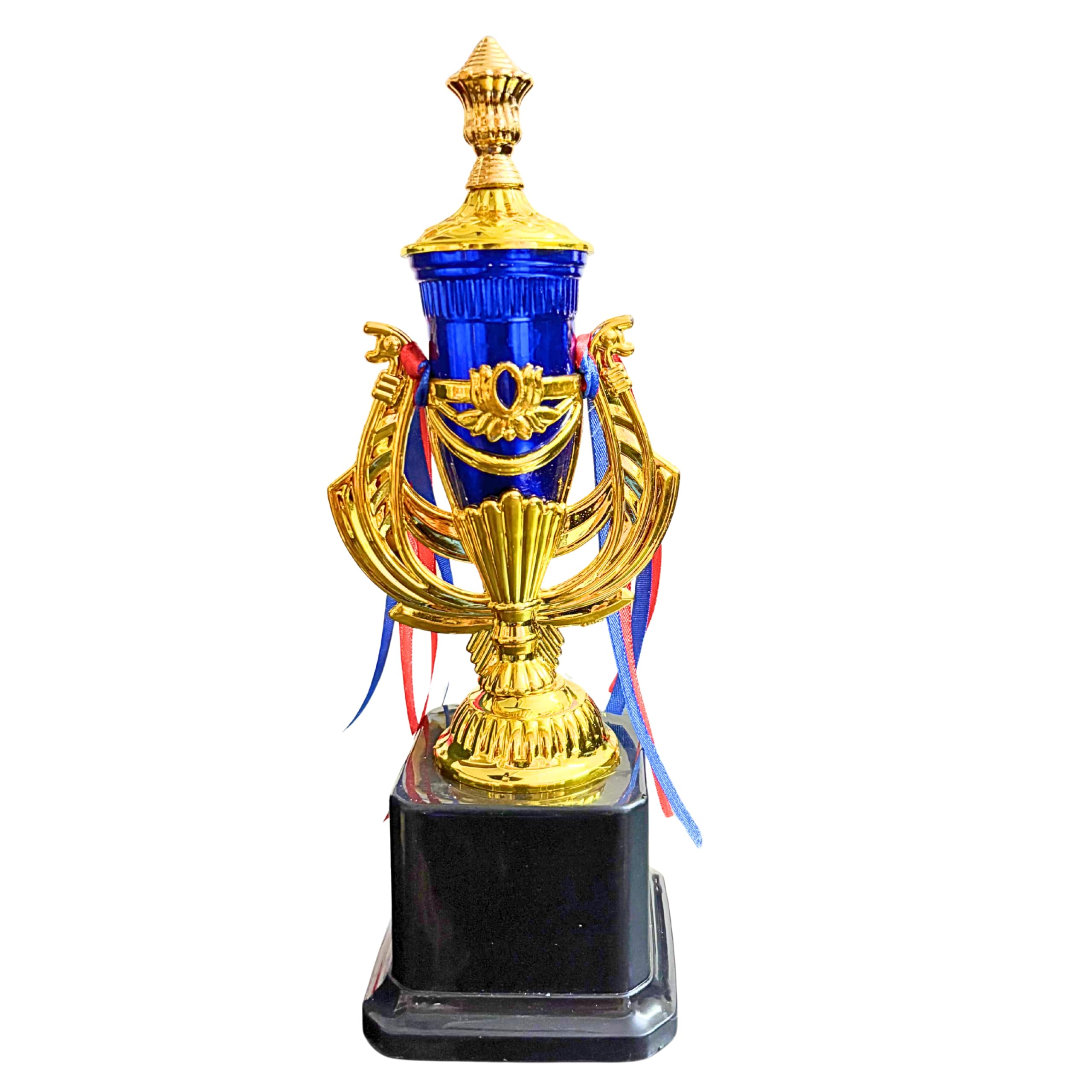 Decorative Trophy with Gold Crown Design, Blue Body, Black Base, 11 Inches, Corporate Award with Red and Blue Ribbons || Logo Printing, Writings & Customisation Available-picture-27