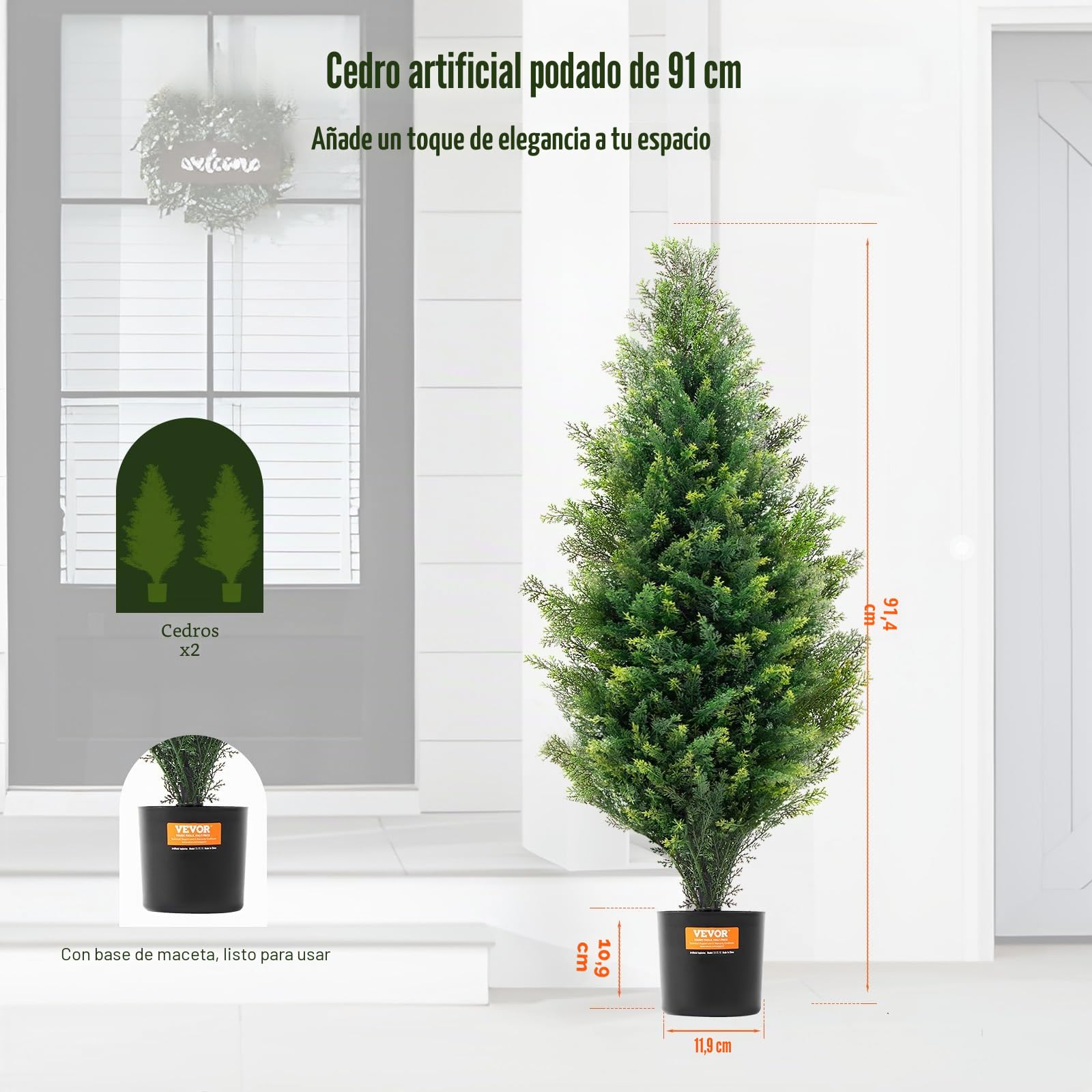 VEVOR Árbol Topiario de Cedro Artificial, 2 Piezas, con Hojas Adicionales y Maceta, Planta de Pino Ciprés Artificial de Hoja Perenne, con Clasificación UV para Decoración del Hogar, 300 x 300 x 900 mm