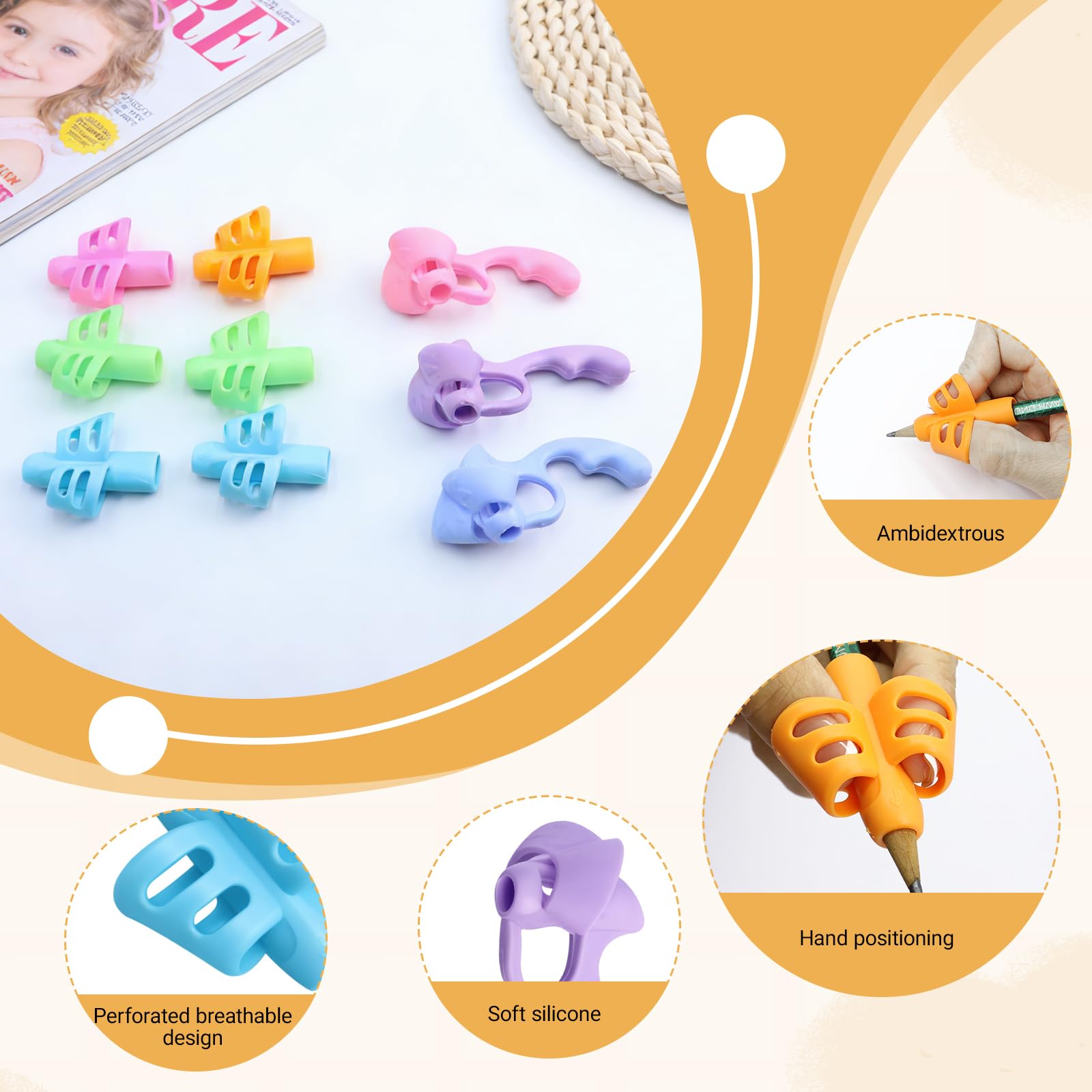9 Piezas Adaptador Lapiz para Niños, Agarres para Lápices, Soporte Corrector de Escritura, Empuñaduras Ergonómicas, Herramientas de Ayuda para Escribir, para Diestros y Zurdos