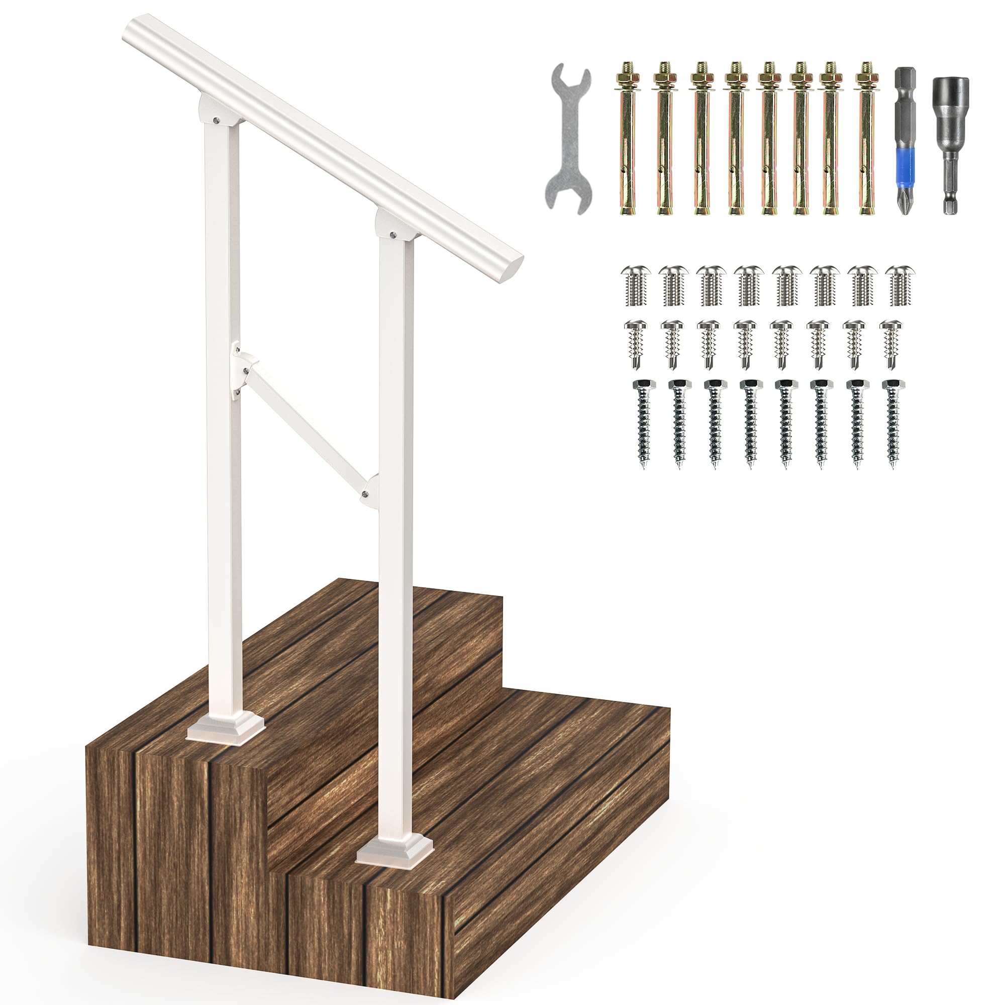 Handrails for Outdoor Steps,2 Steps Metal Handrail,White Wrought Iron Railing for Wooden Steps,Handrails for Concrete Steps,Hand Rails for Indoor/Outdoor Steps for Elderly