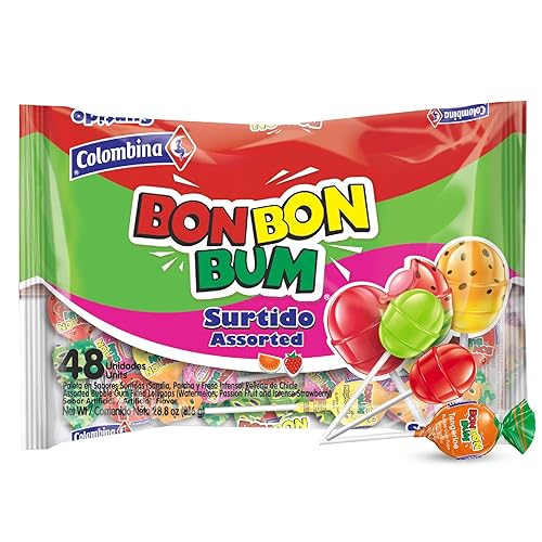 Colombina Bon Bon Bum - Paletas con centro de goma de mascar, sabores surtidos, envueltas individualmente, ideales para recuerdos de fiesta y