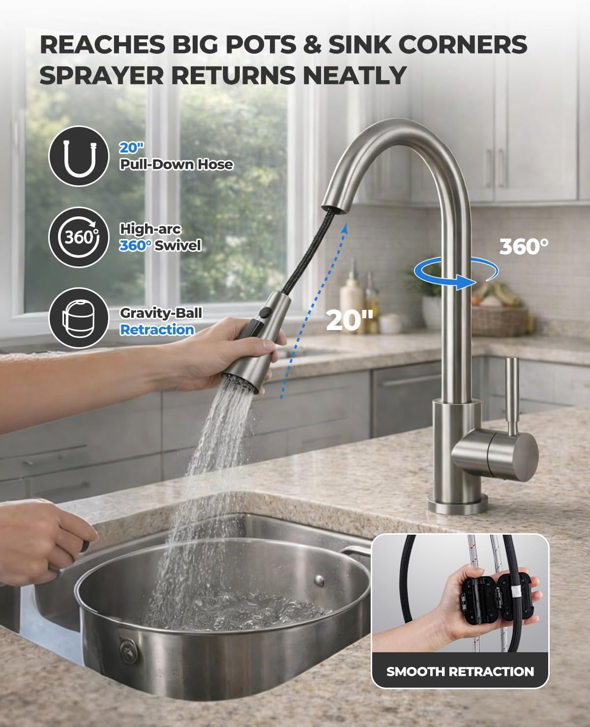 WEWE Kitchen Faucets with Pull Down Sprayer, Leak-Proof Stainless Steel Lead-Free Single Handle 1 Hole for Family Kitchen Commercial Camper Laundry Rv Bar, Brushed Nickel Bar Sink Faucet - Image 9