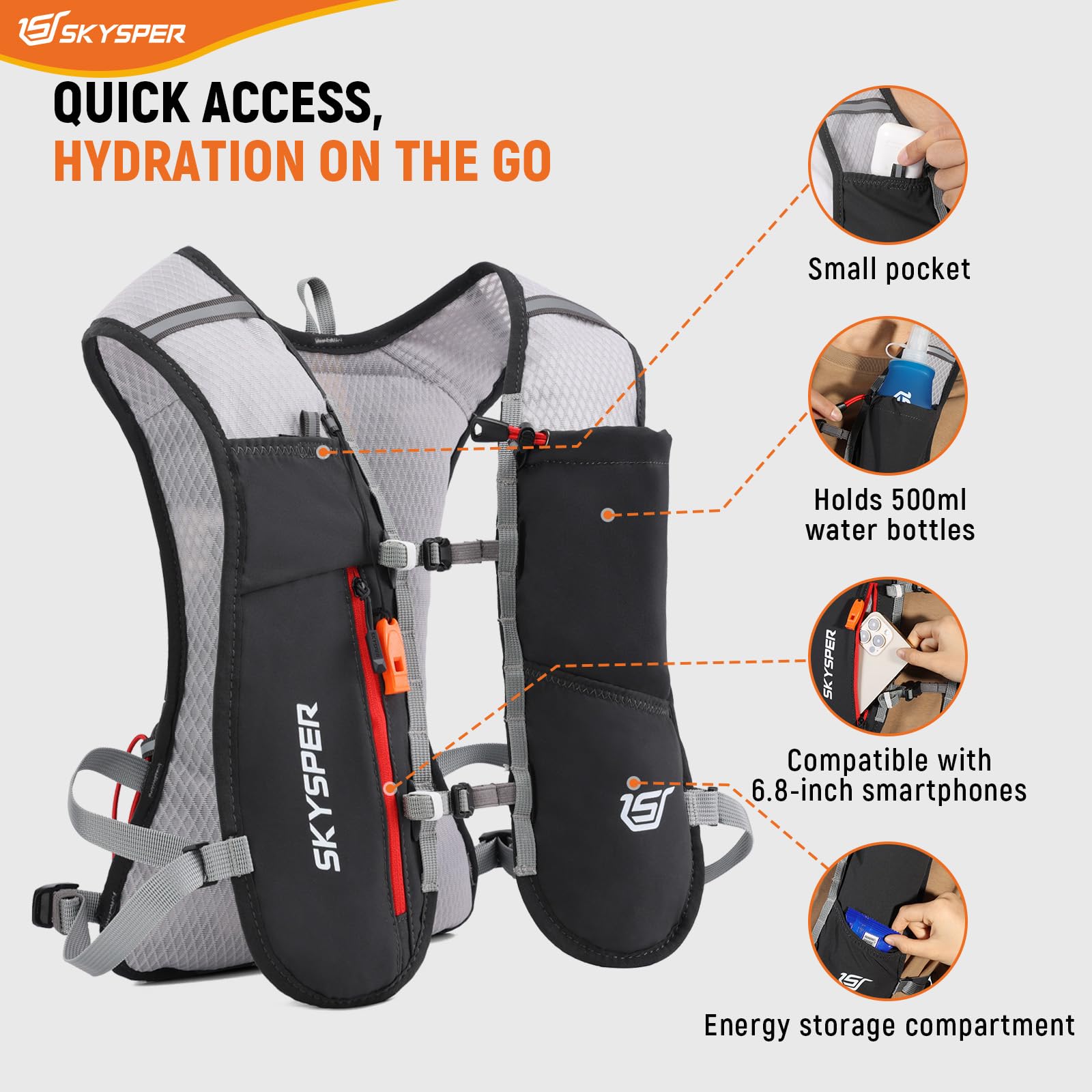SKYSPER Gilet Hydratation Running 5L, Sac Trail avec Bouteille Souple 500ml pour Course à Pied Marathon Trail Randonnée Femme Homme