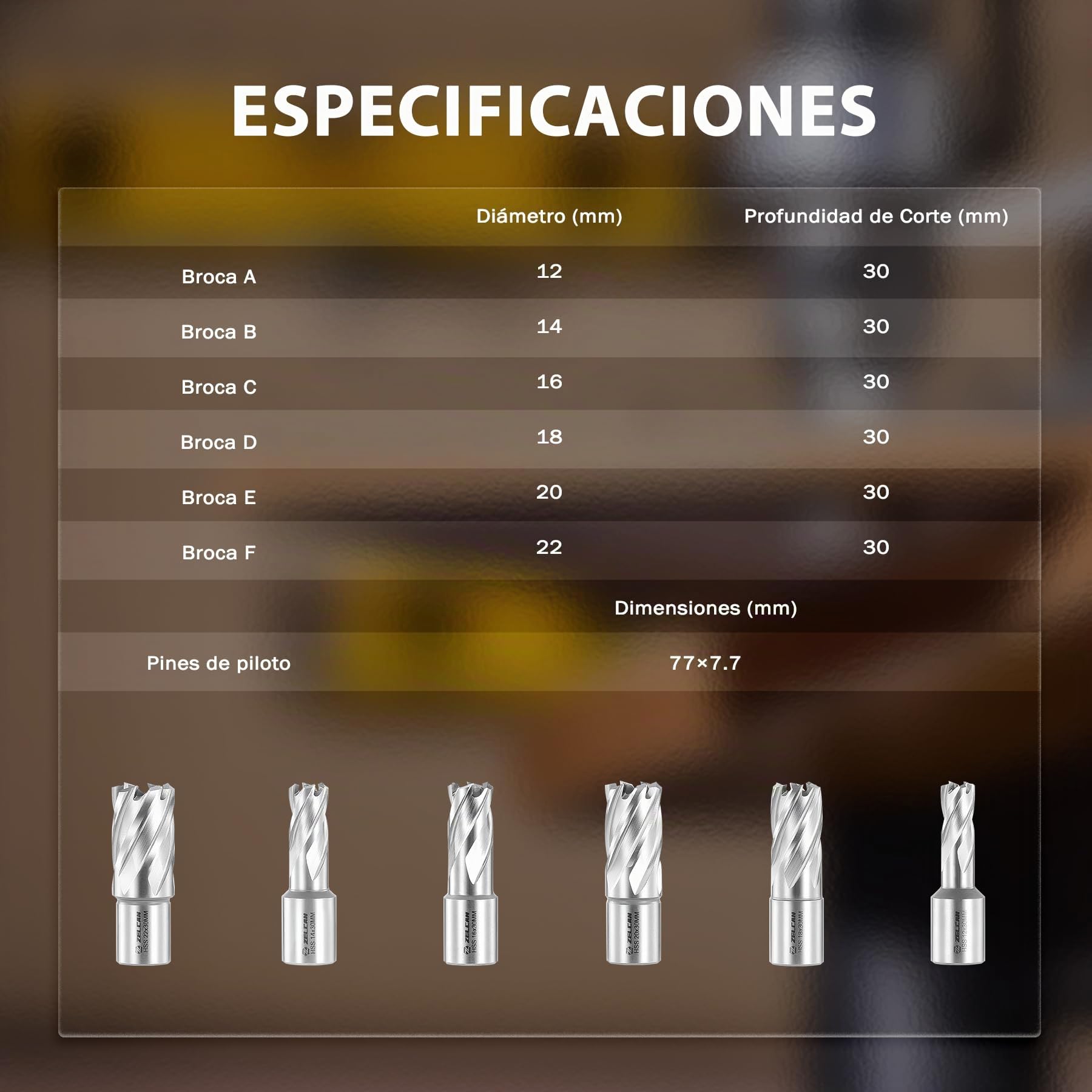 ZELCAN 6 Piezas Juego de Cortadores Anulares, Brocas para Taladro Magnético,12 a 22 mm de Diámetro, 30 mm de Profundidad, Cortadores Anulares HSS con Espiral, 2 Pasadores Guía