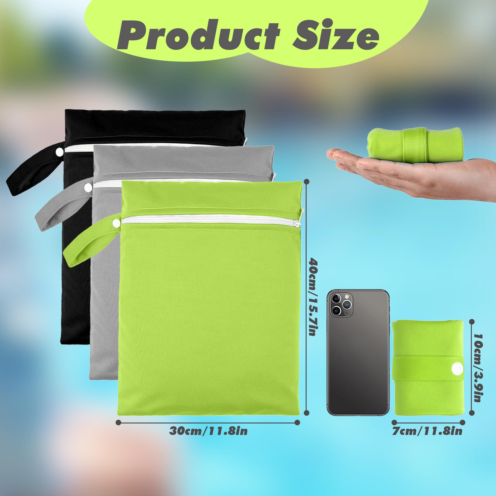 Wetbag Impermeabile 40x30 cm 3 Pezzi con Cerniera Riutilizzabile Nero Grigio Verde