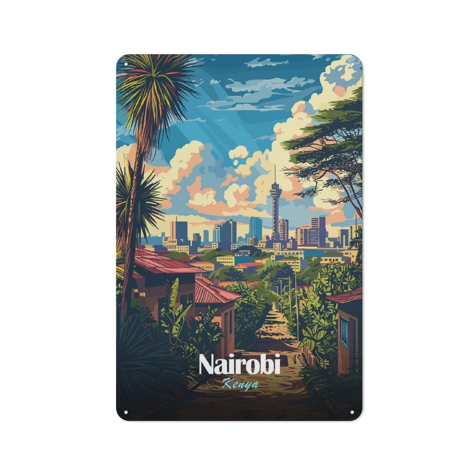 Junmoney Style-6 Nairobi Kenya Cityscape Printed Metal Sign 30X20cm For Bar Or Restaurant, New Home Wall Decor For Hospitality Decor Collectors