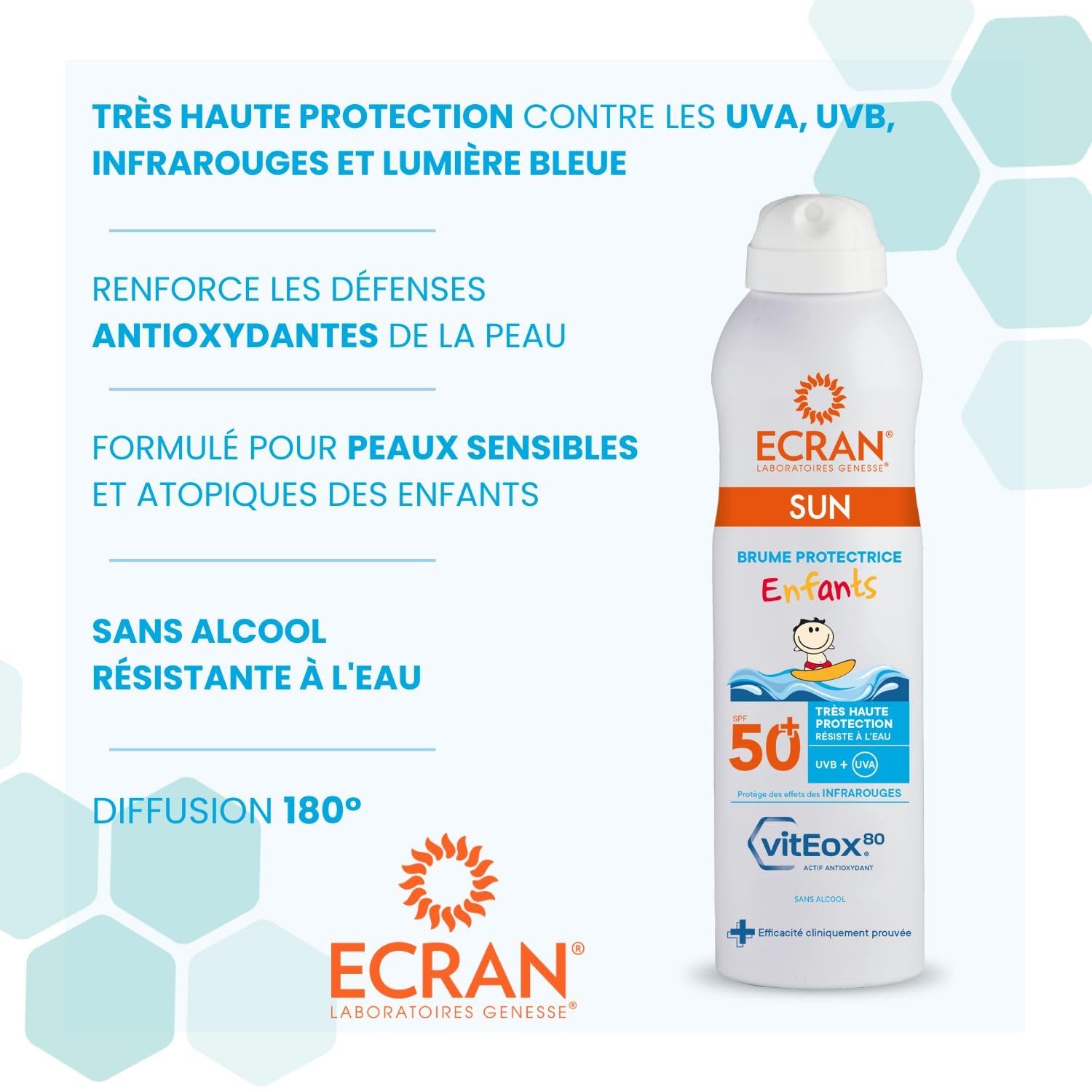 ECRAN® - Brume Protectrice Enfant - Très Haute Protection - Technologie vitEox80 - Vitamine E - Protection UVA, UVB, Lumière Bleue, Coups de Soleil - Protection Solaire SPF 50+ - Résistante à l'eau