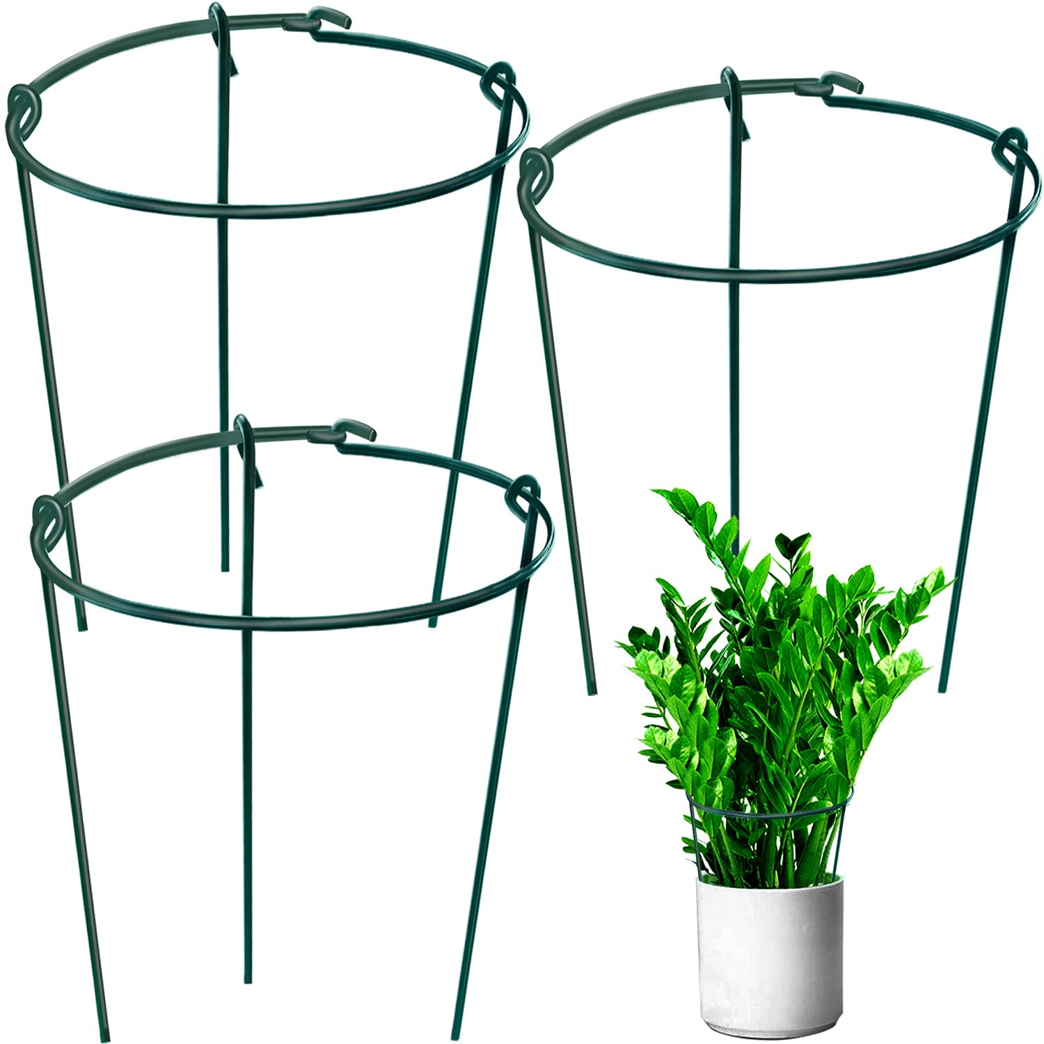 HiGift Grow Through Plant Supports with Grid for Outdoor Plants, Peony Cages and Support Plant Supports Ring Plant Hoop with 3 Legs for Flowers Peonies,Tomatoes,Rose,Vine, Pack of 3