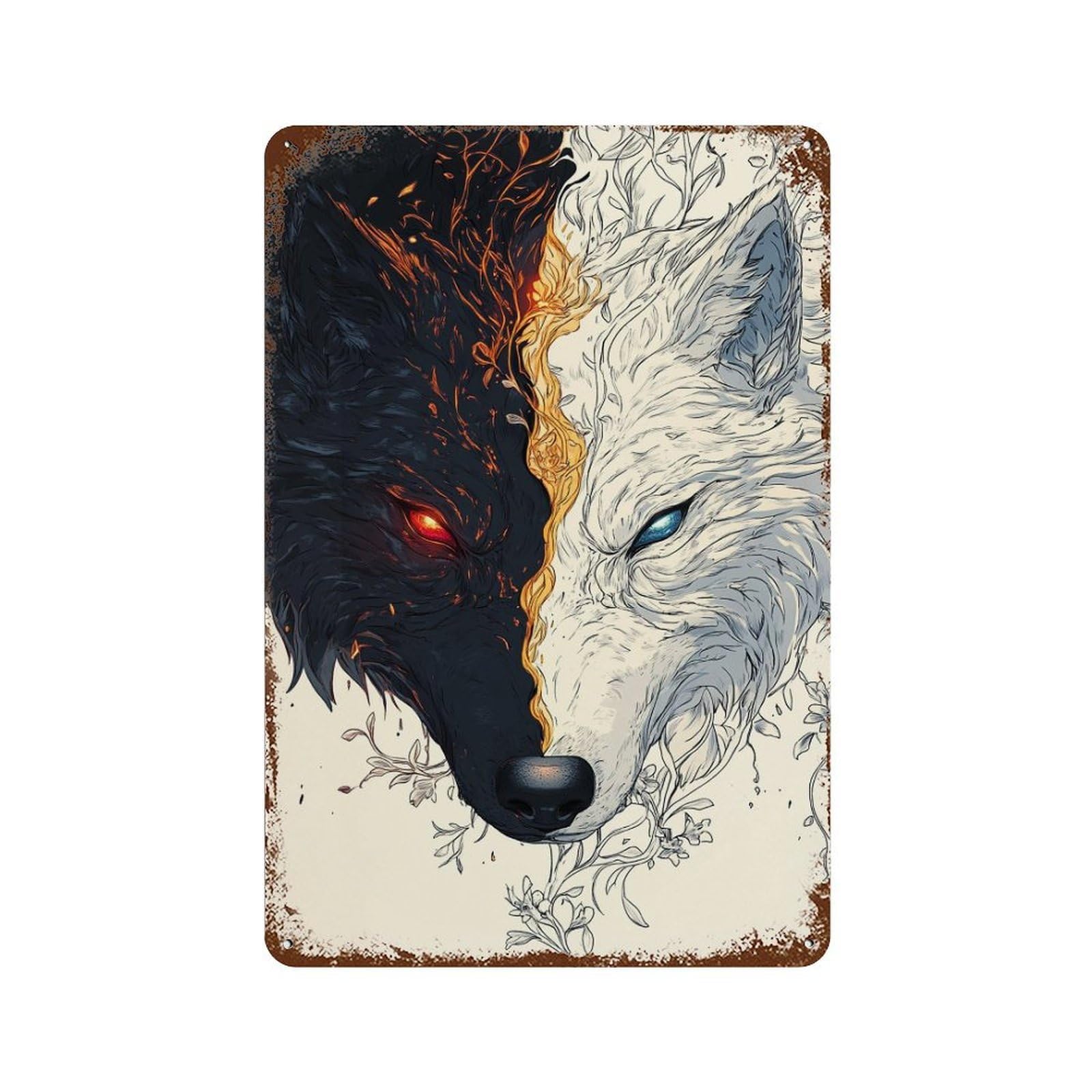 Yin Yang Wolf Art Print Rust Effect Tin Sign 11.8"x7.9", Industrial Home Decor for Garage, Pub Or Kitchen