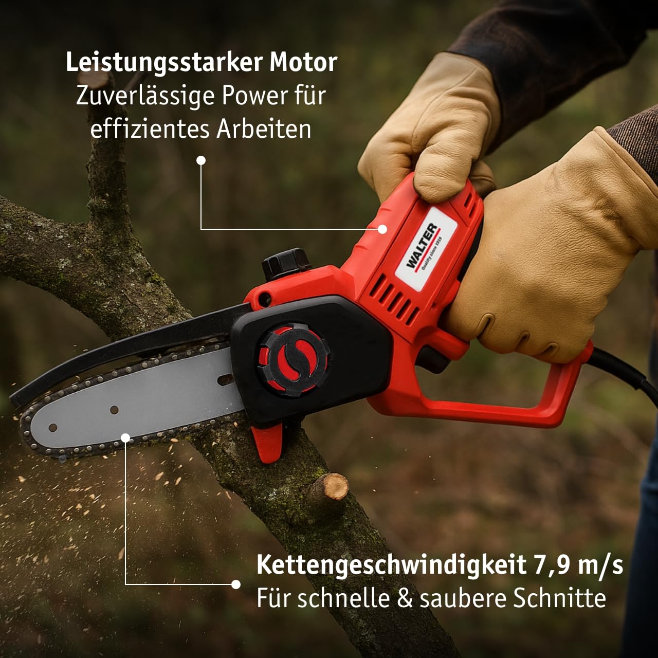 WALTER Kompakte Mini Kettensäge Elektro 650W, 20 cm Schwert, Astsäge