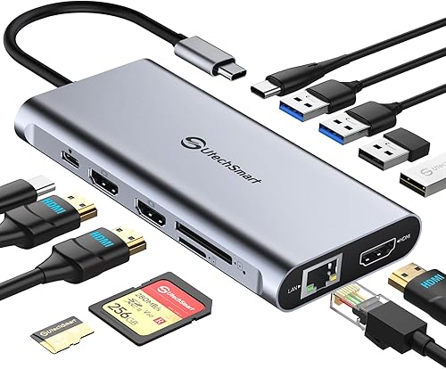 UtechSmart Concentrador USB C, 3 puertos HDMI con pantalla triple 12 en 1, adaptador USB C para laptop con 4K HDMI PD3.0 SD TF lector de tarjetas