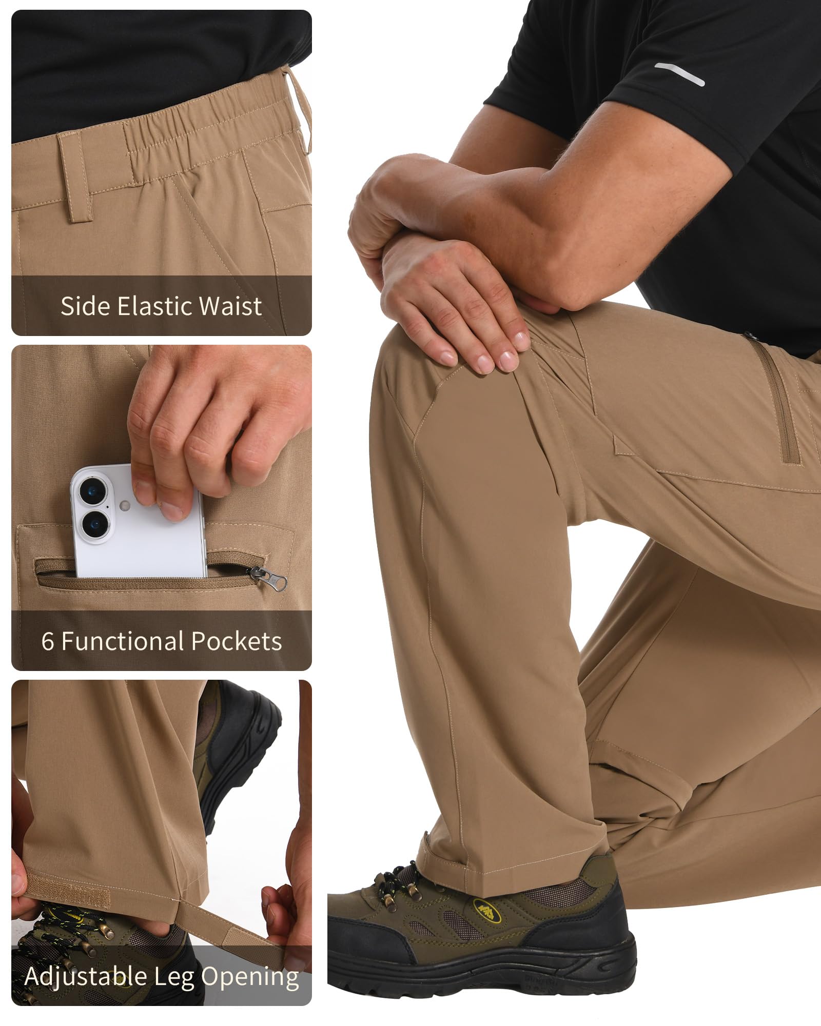 Pantalones de senderismo para hombre, convertibles, de secado rápido, con cremallera, tácticos, resistentes al agua, ligeros, con 6 bolsillos