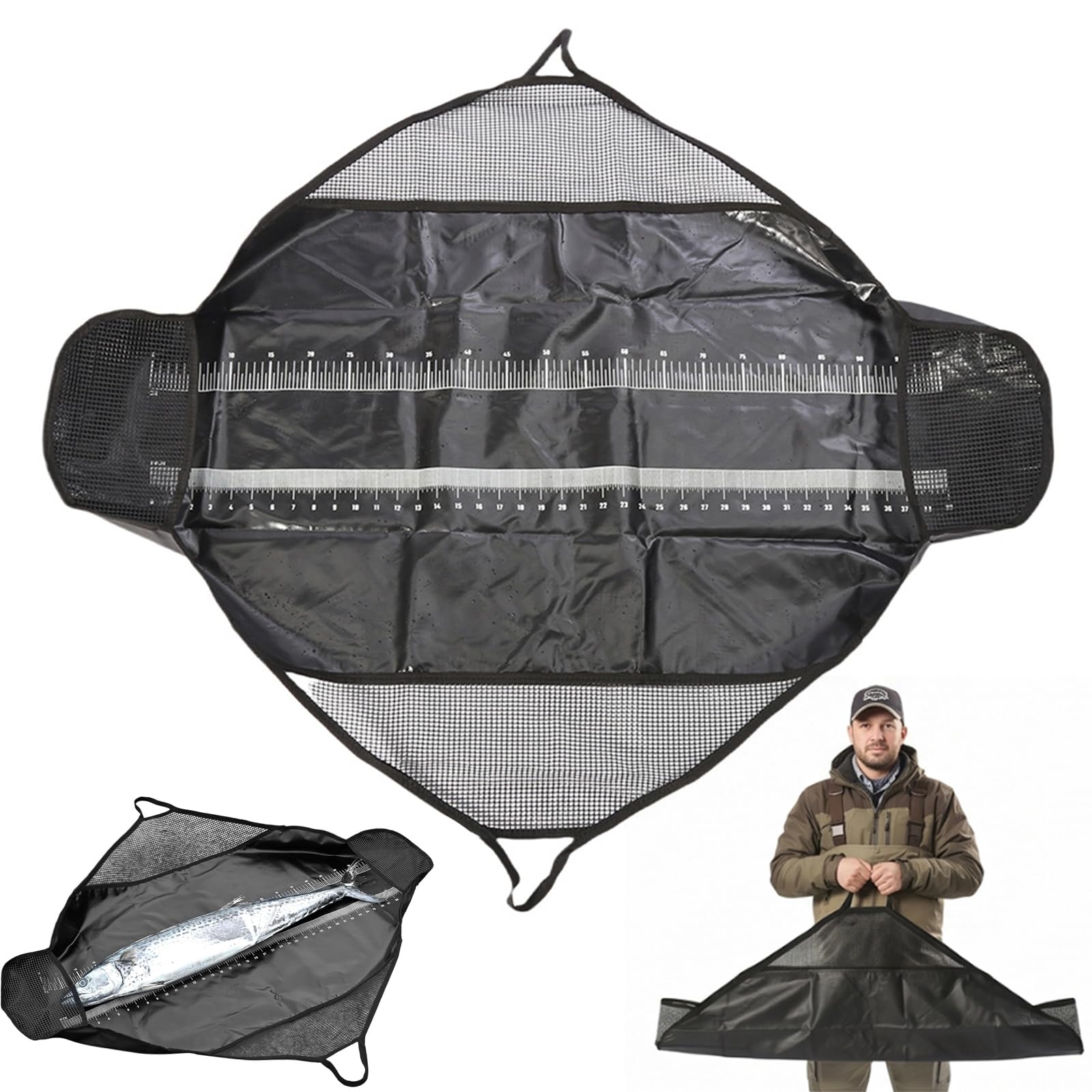 Tappetino da pesca pieghevole 125 x 55 cm, con metro a nastro, 0 – 100 cm, impermeabile, per pesci, pesare e trasporto, per pesci predatori, carpe, pesce gatto e pesce persico, con maniglie, portata
