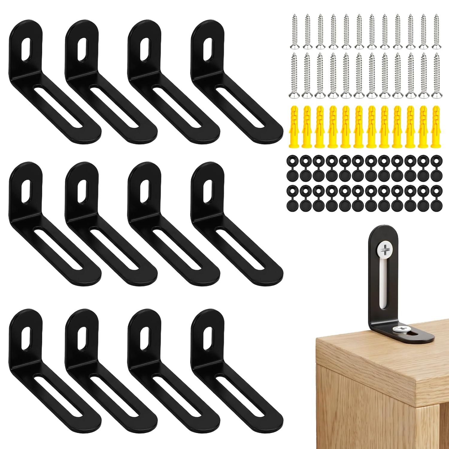 12 Pack Baby Proofing Anti Tip Furniture Anchors, Heavy Duty Steel Wall Anchors for Dresser, Cabinet & Bookcase, Earthquake & Pet Safety for Nursery Living Room, (Black)