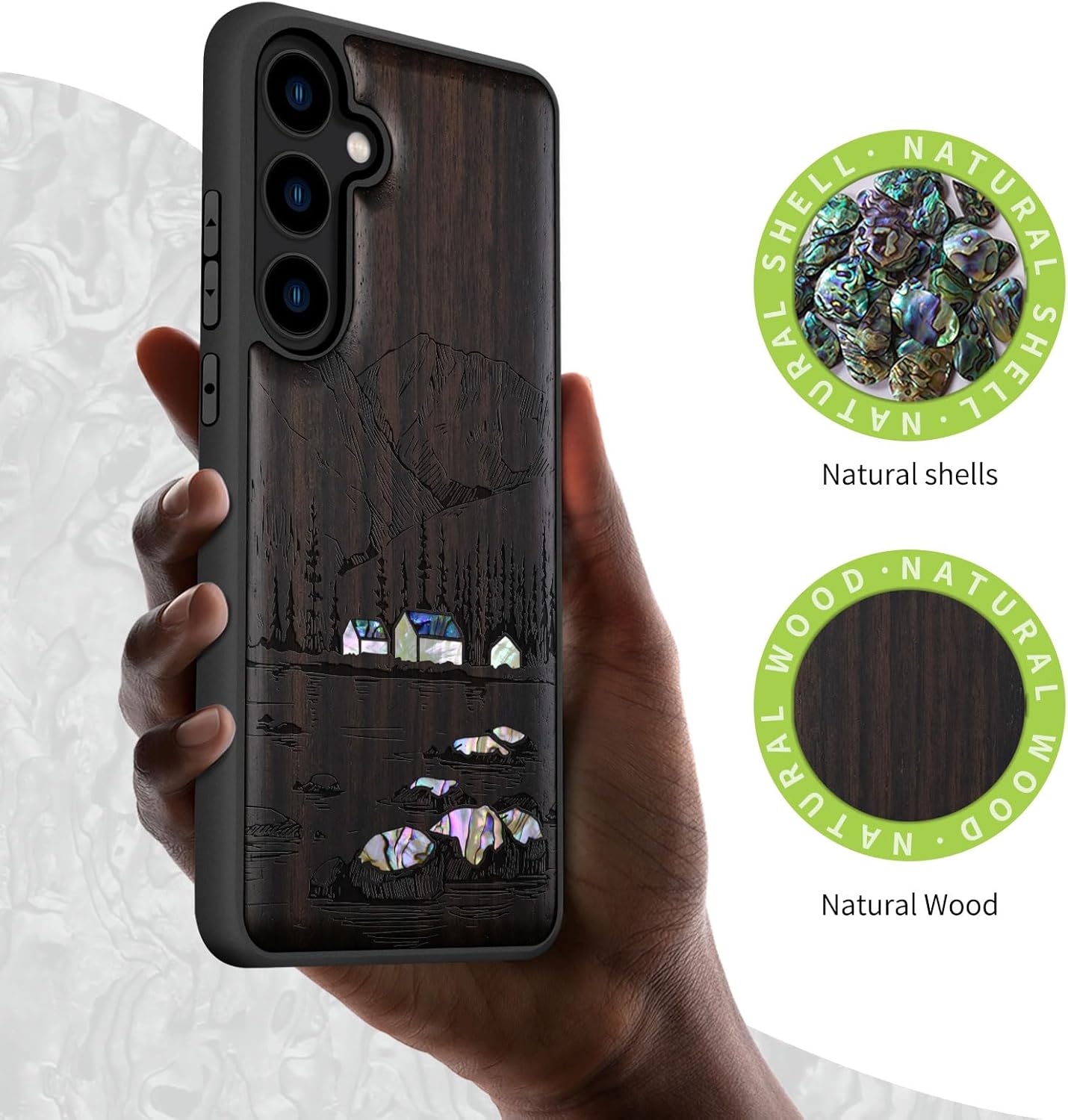 Carveit Designer Wooden Case for Samsung Galaxy S24 Plus Case [Wood Engraving & Shell Inlay] Compatible with Wireless Chargers S24 Plus Cover (Lakes and Mountains-Blackwood)