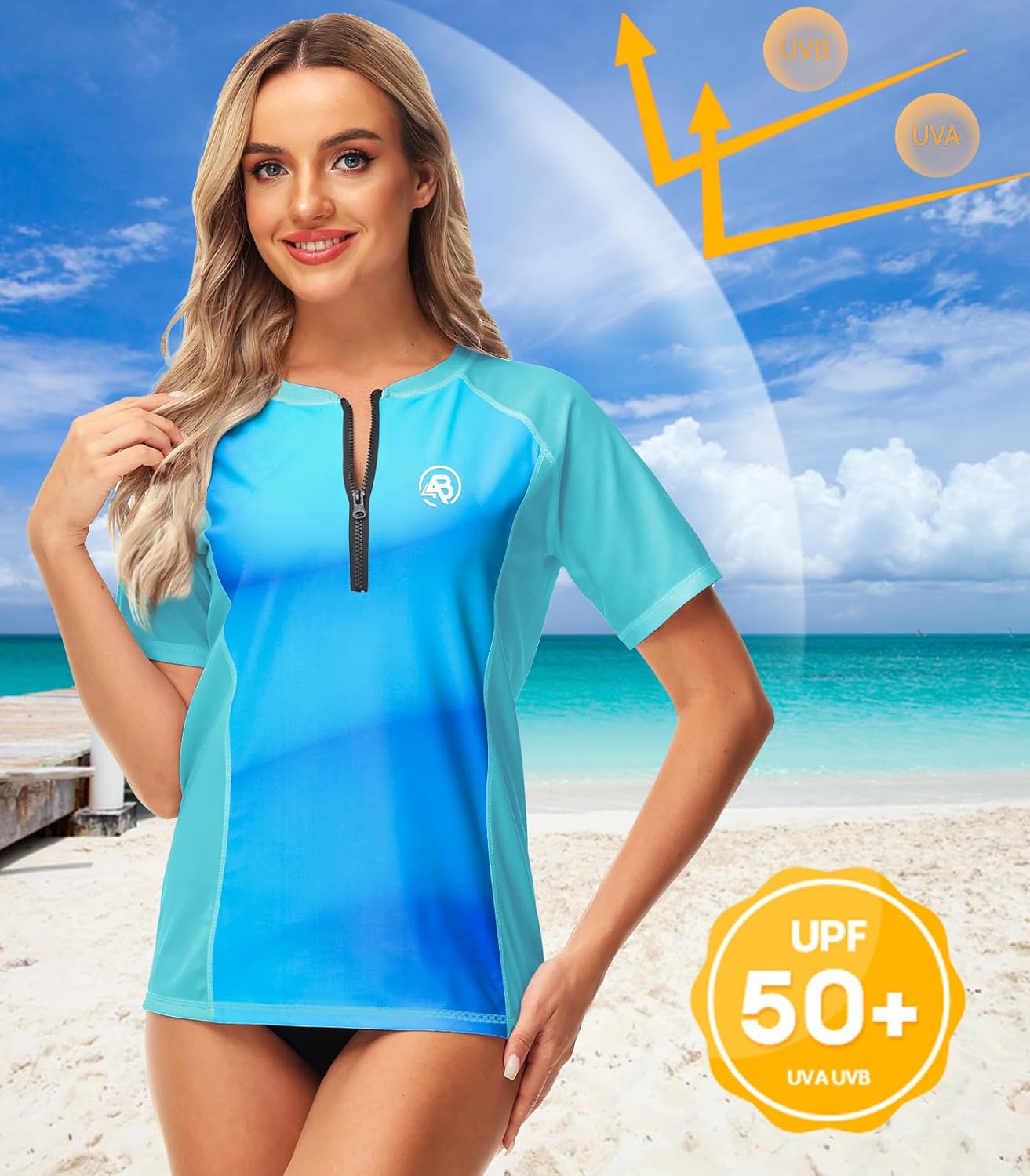 AOBUTE Women Zip Rash Guard UPF 50+ Gradient Short Sleeve Swim Top Surf Shirts - Image 4