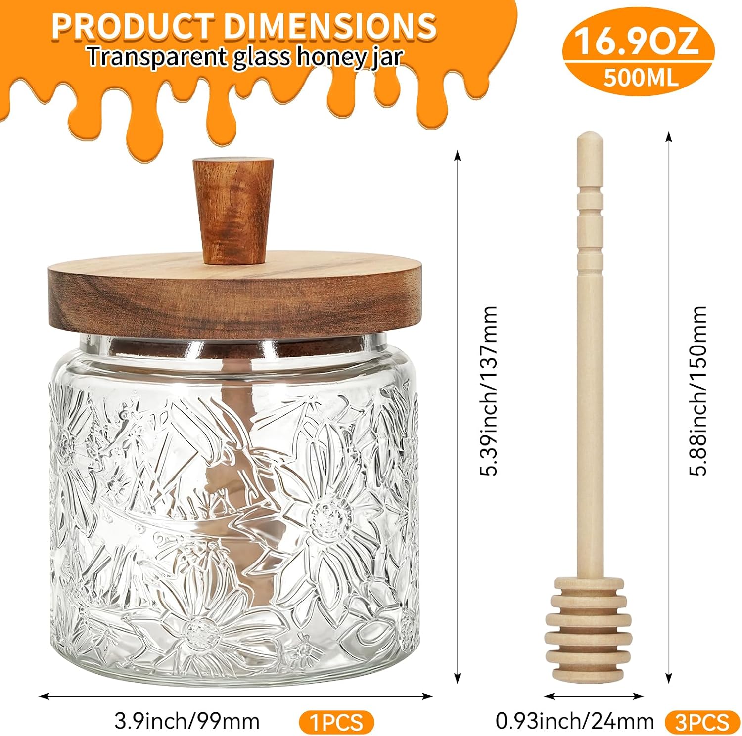 17oz Honey Jar with 3 Wooden Dippers,Pot Container Dispenser,Clear Glass Honey Container for Home Kitchen,Store Honey and Syrup,Easy to Clean (Gardenly) image 2