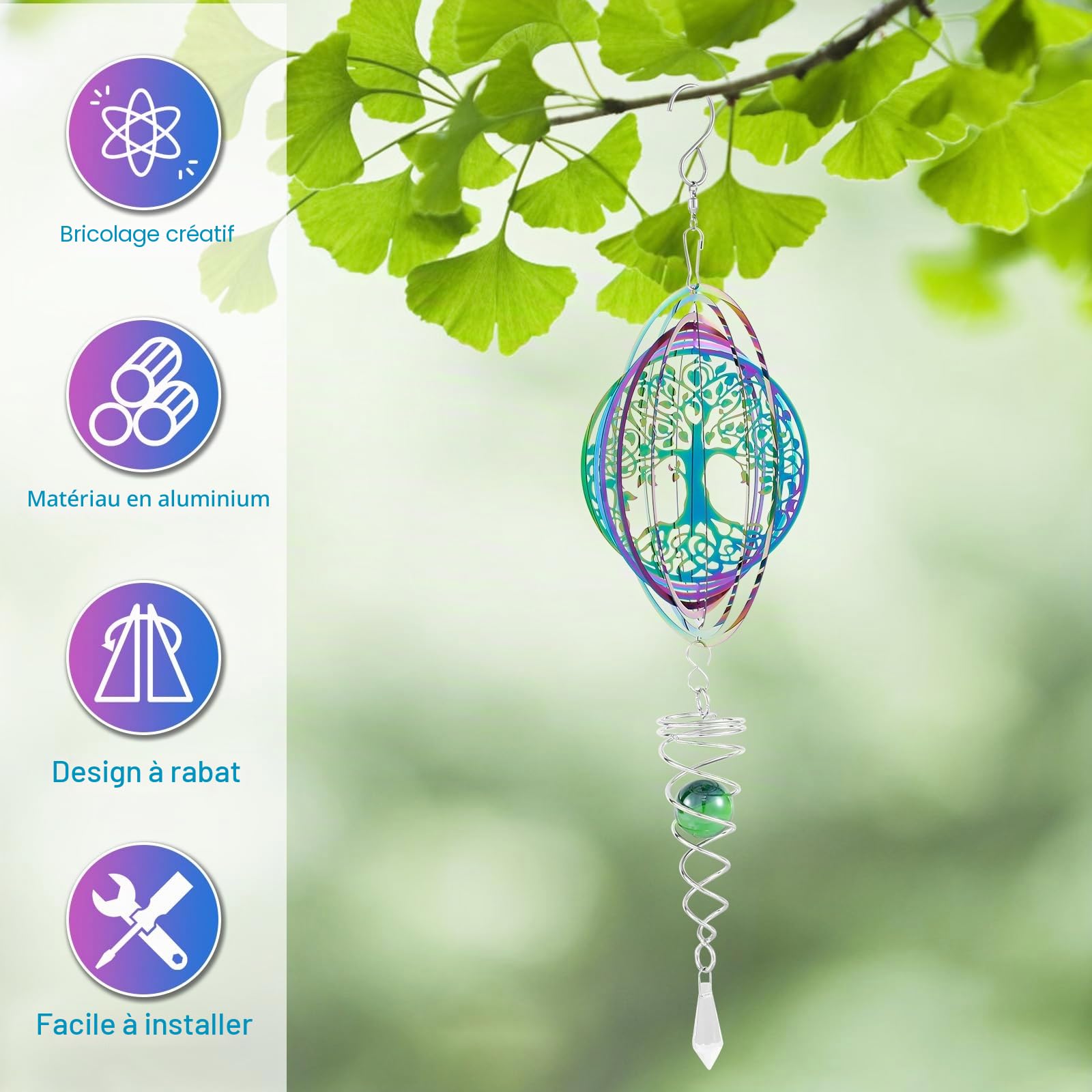 Éolienne à suspendre en acier inoxydable, carillon rotatif 3D, arbre de vie à suspendre avec queue en spirale, décoration d'extérieur en métal à suspendre pour jardin, terrasse