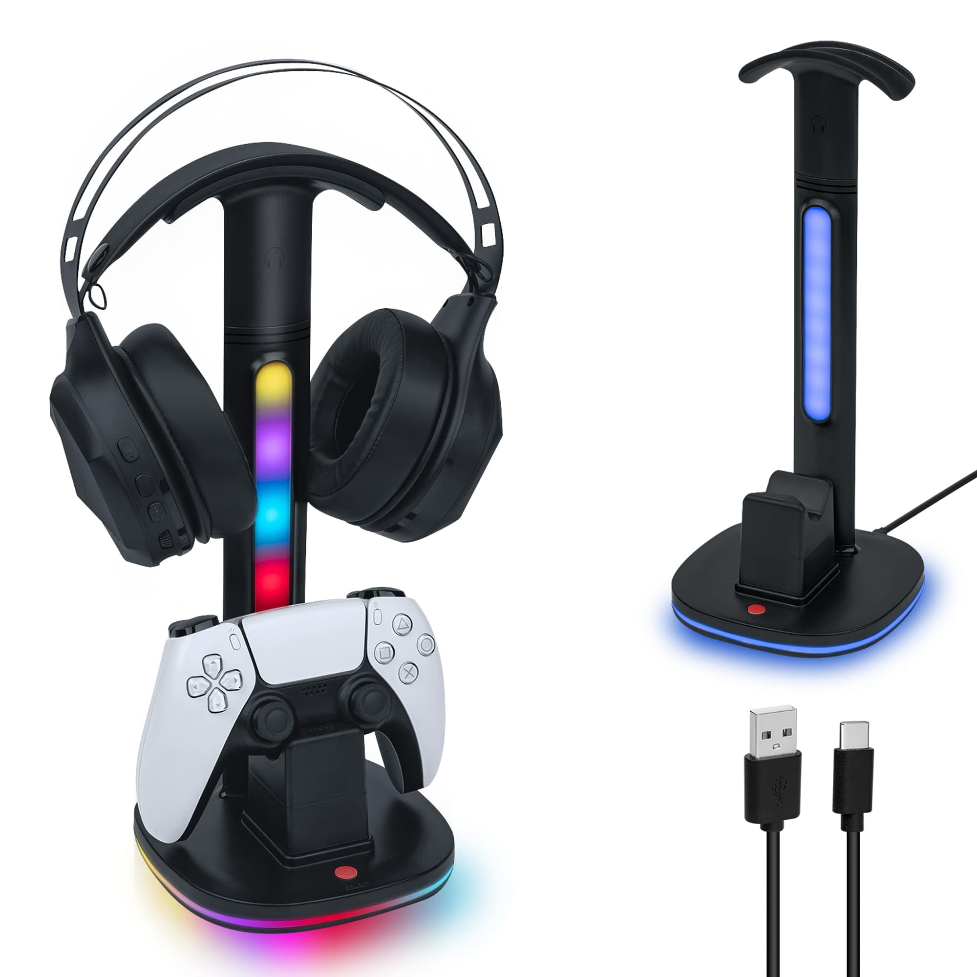 Mcbazel Cargador para Controlador PS5 DualSense, con Iluminación RGB Versátil y Soporte para Auriculares, Compatible con Mandos PS5 DualSense