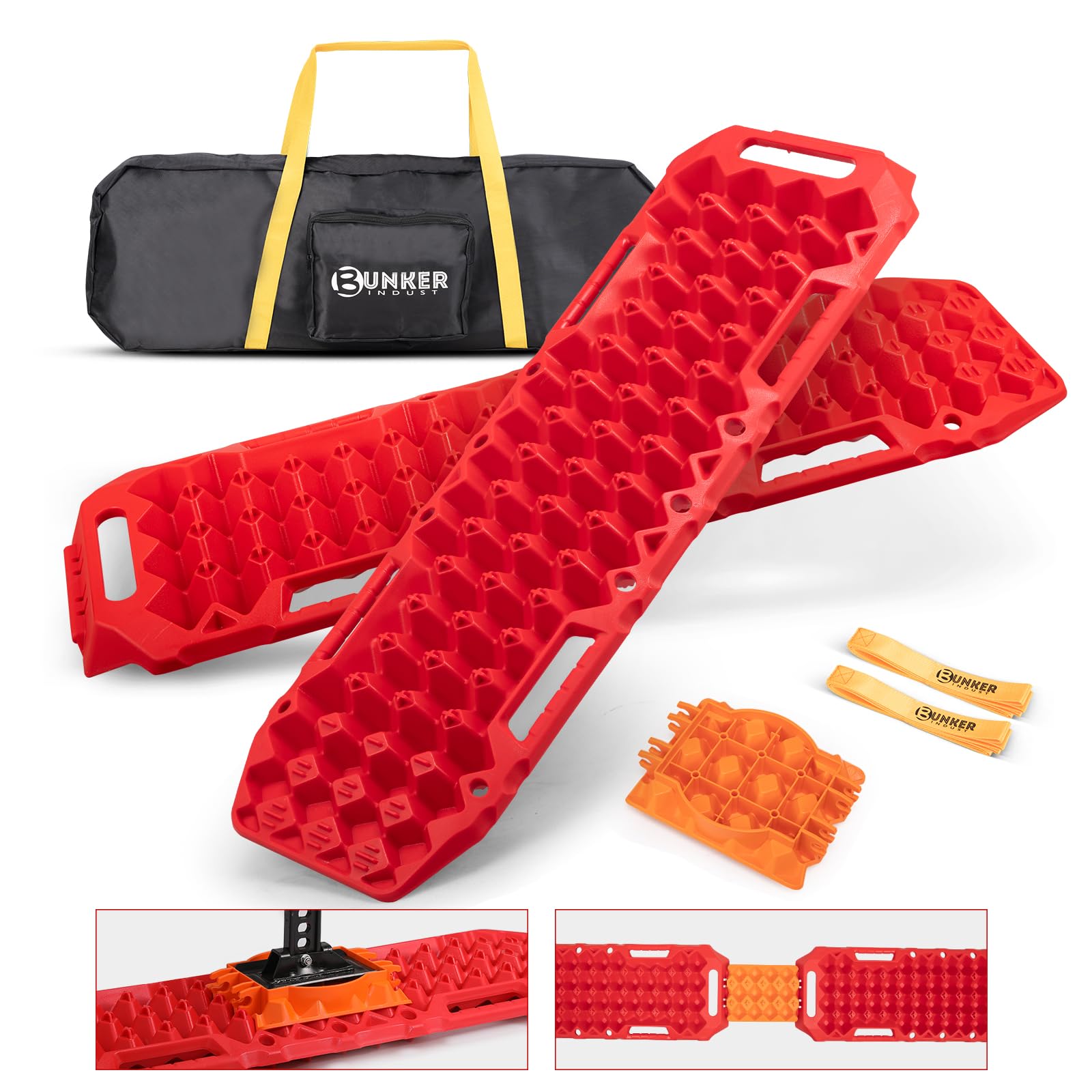 BUNKER INDUST Off-Road Traction Boards with Jack Lift Base,2 Pcs Multifunctional Recovery Track for 4WD UTV SUV Truck-Mud, Snow, Sand Tracks Red Tire Traction Mat with Carry Bag (Gen 9th)