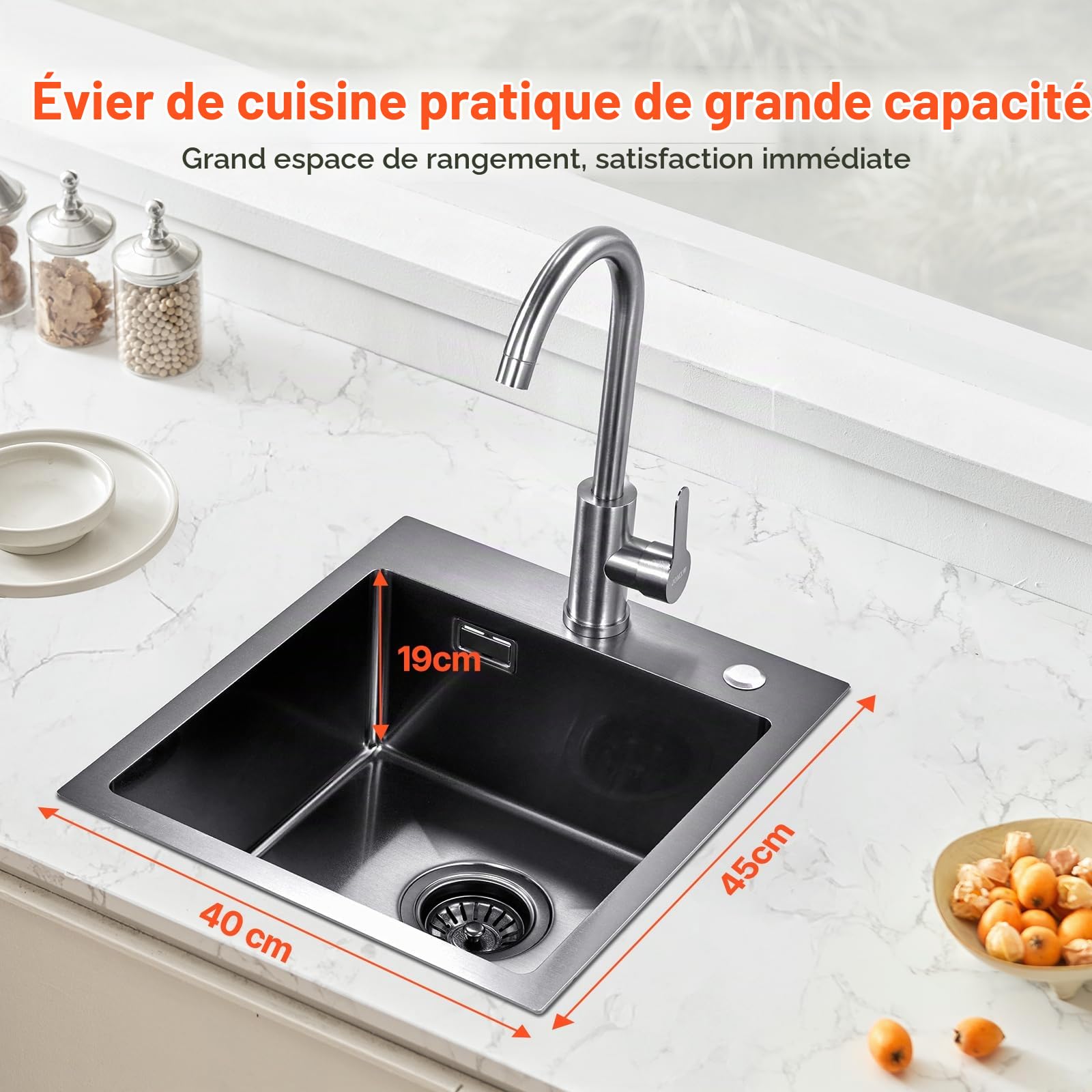 VEVOR Évier de Cuisine 40 cm à Montage par le Haut en Acier Inox 304, Cuve Simple à Poser avec Accessoires pour Camping-car, Bar, Lave-vaisselle Ménager - Noir
