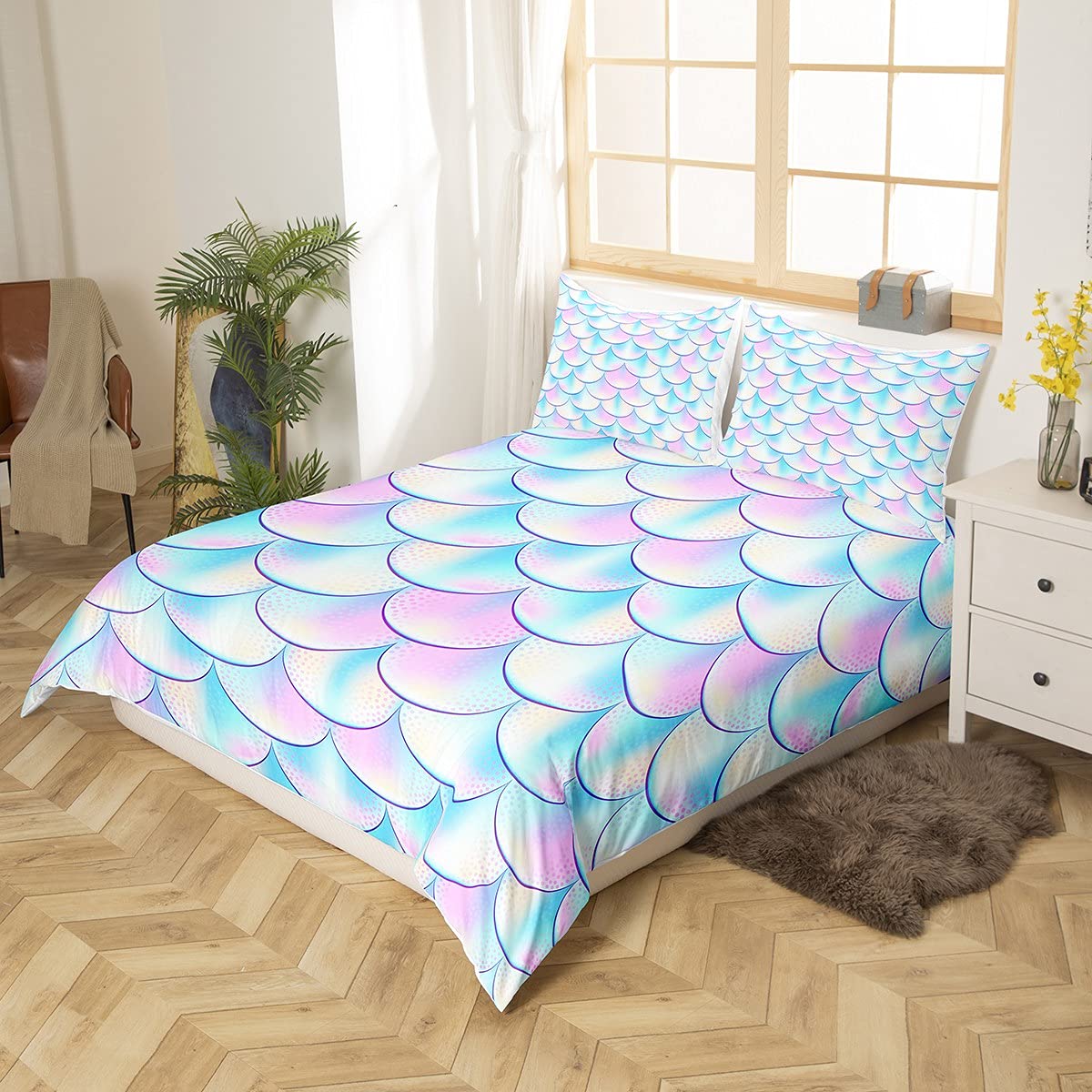 Juego de Funda de edredón con Escamas de pez de Sirena Coloridas Escalas de pez,Juego de Ropa de Cama,Funda de edredón 3D,Funda de edredón Morada Vibrante,Super King