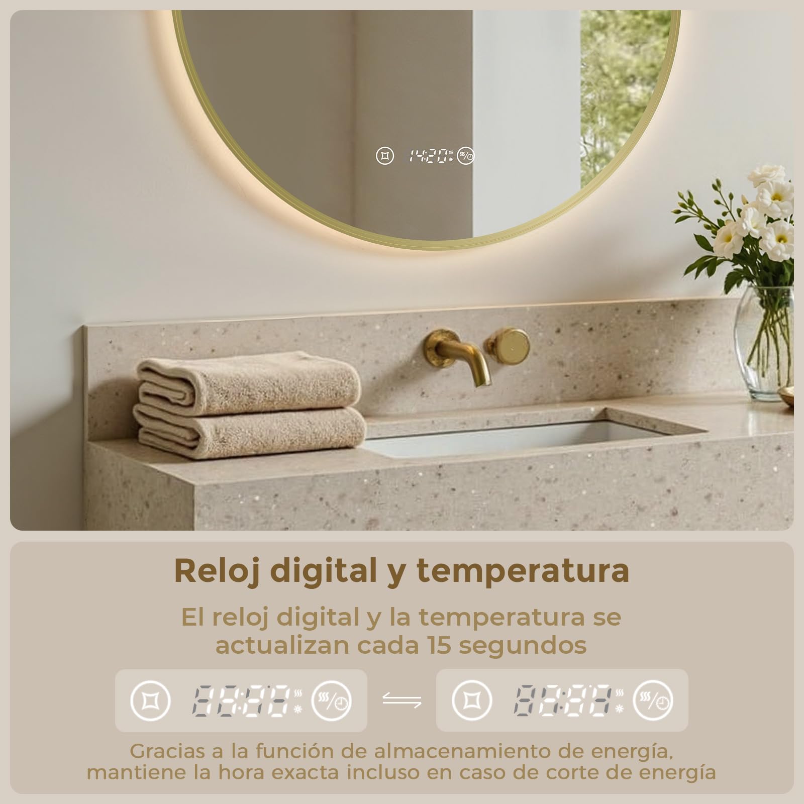 S'AFIELINA Espejo Baño con Luz LED Redondo Ø70 cm, Marco Dorado | Espejo Redondo de Baño con LED, Espejo Retroiluminado, Diseño Sin Marco, Luz Neutra, Espejo de Pared, Decorativo para Baño