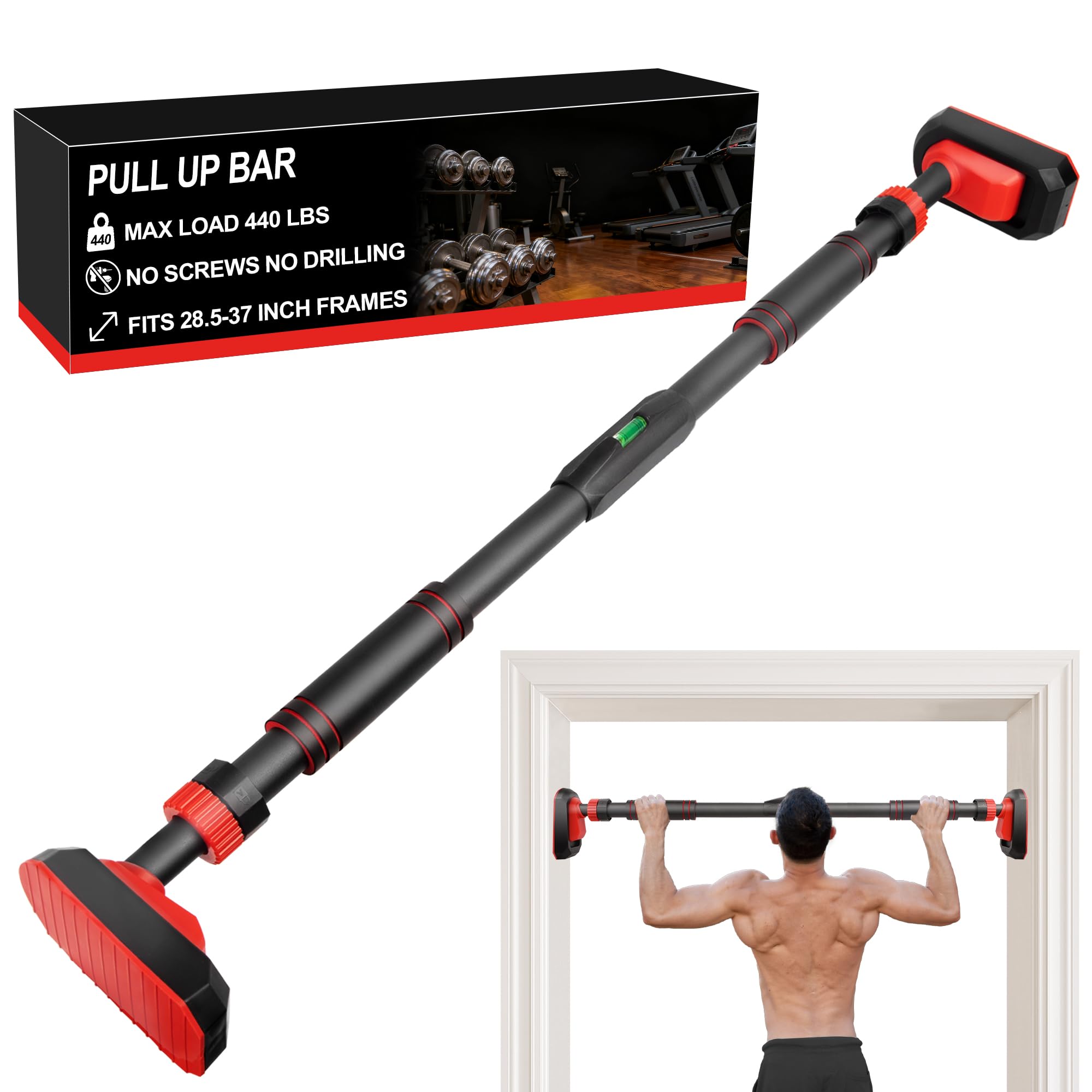 TOPOKO Pull Up Bar for Doorway, Strength Training Chin Up Bar without Screws – Adjustable Width with Locking Mechanism, Non-Slip Heavy Duty Pull-up Bar for Home Gym, Max Load 440lbs