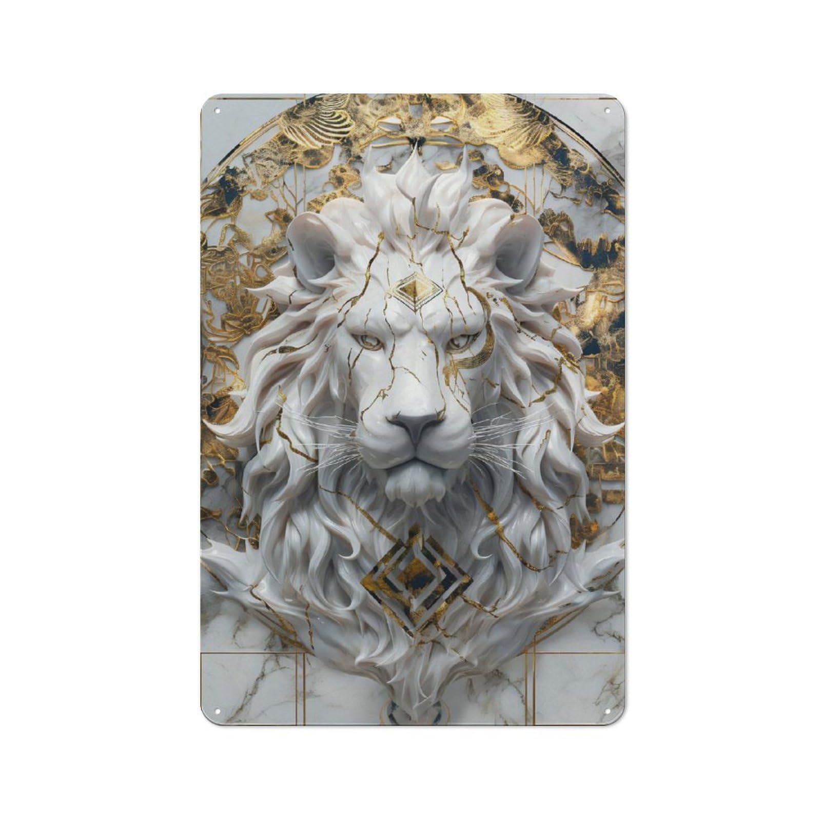Junmoney Style Marble Lion With Golden Accents Warehouse Metal Wall Decor 30X20cm, Tin Wall Sign For Modern Home, Workshop, Office Or Cafe
