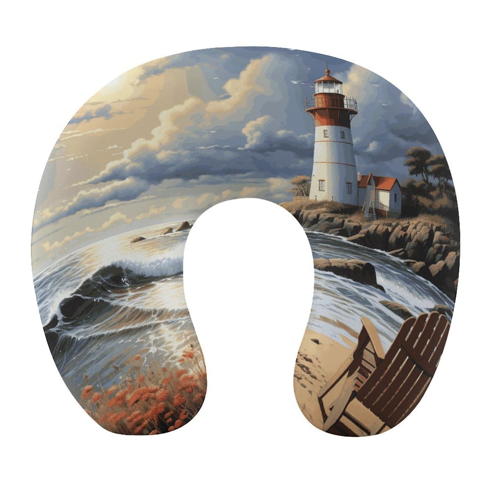 FekiLoot Sea Lighthouse Sandbeach Travel Pillow,U Shaped Office Napping Pillow Support Neck and Head Comfortable Travel Neck Pillow U Shape Sleeping Essentials for Long Haul Flights