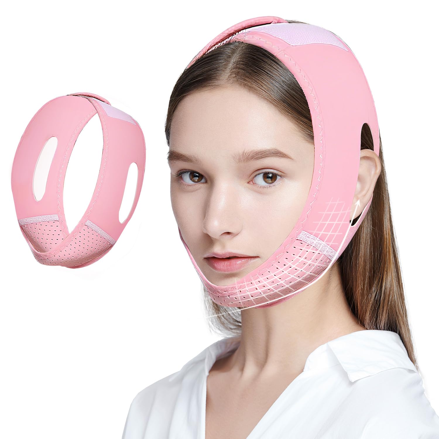 Fascia Doppio Mento Donna & Maschera Lifting Viso, Fascia Viso Lifting Notte Regolabile per Dormire, per Modellamento Mandibola e Rassodamento Pelle (rosa)