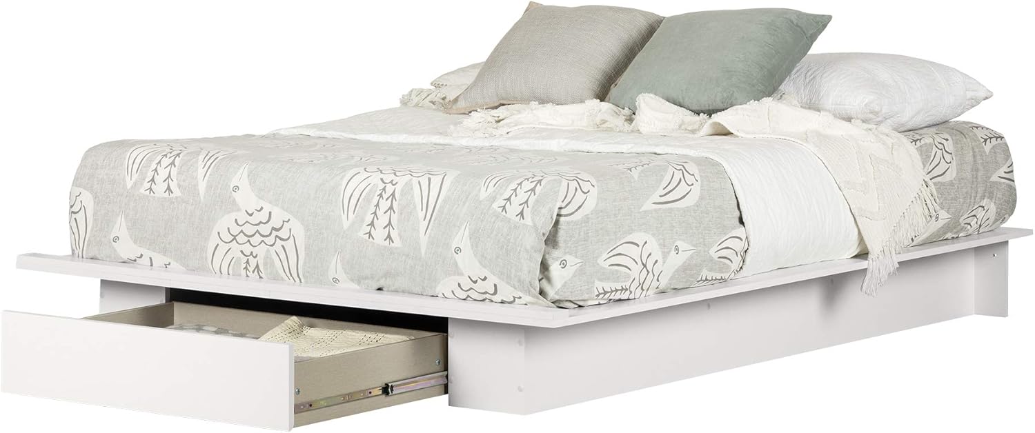 White Queen Platform Bed with Single Drawer