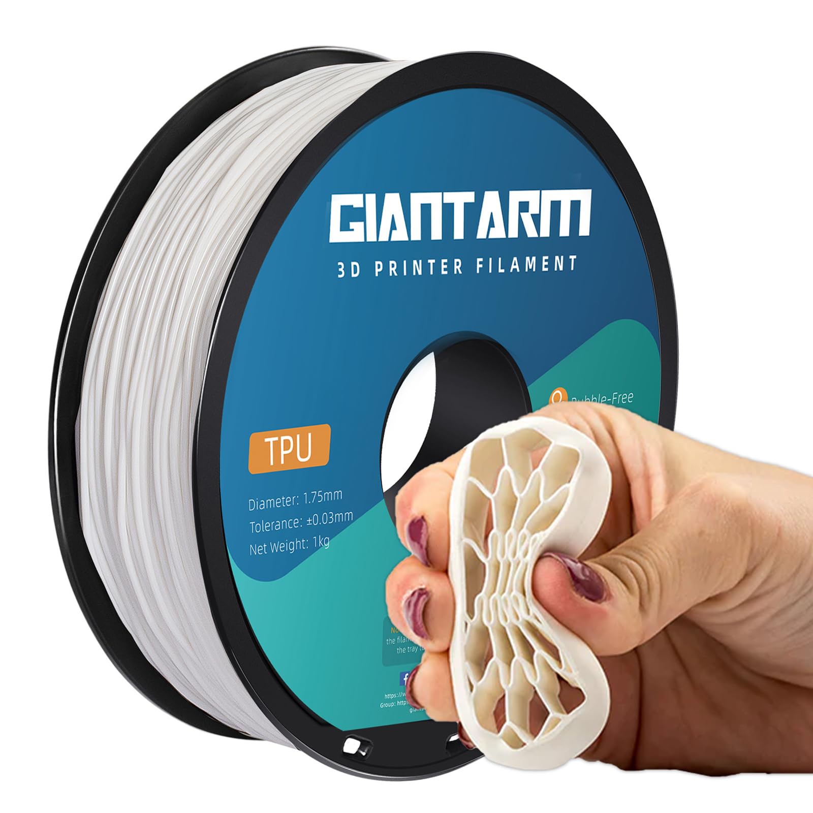 GIANTARM Filament TPU souple 1,75 mm consommables pour imprimante 3D Blanc 95 A Bobine de 1 kg Précision dimensionnelle +/- 0,05 mm