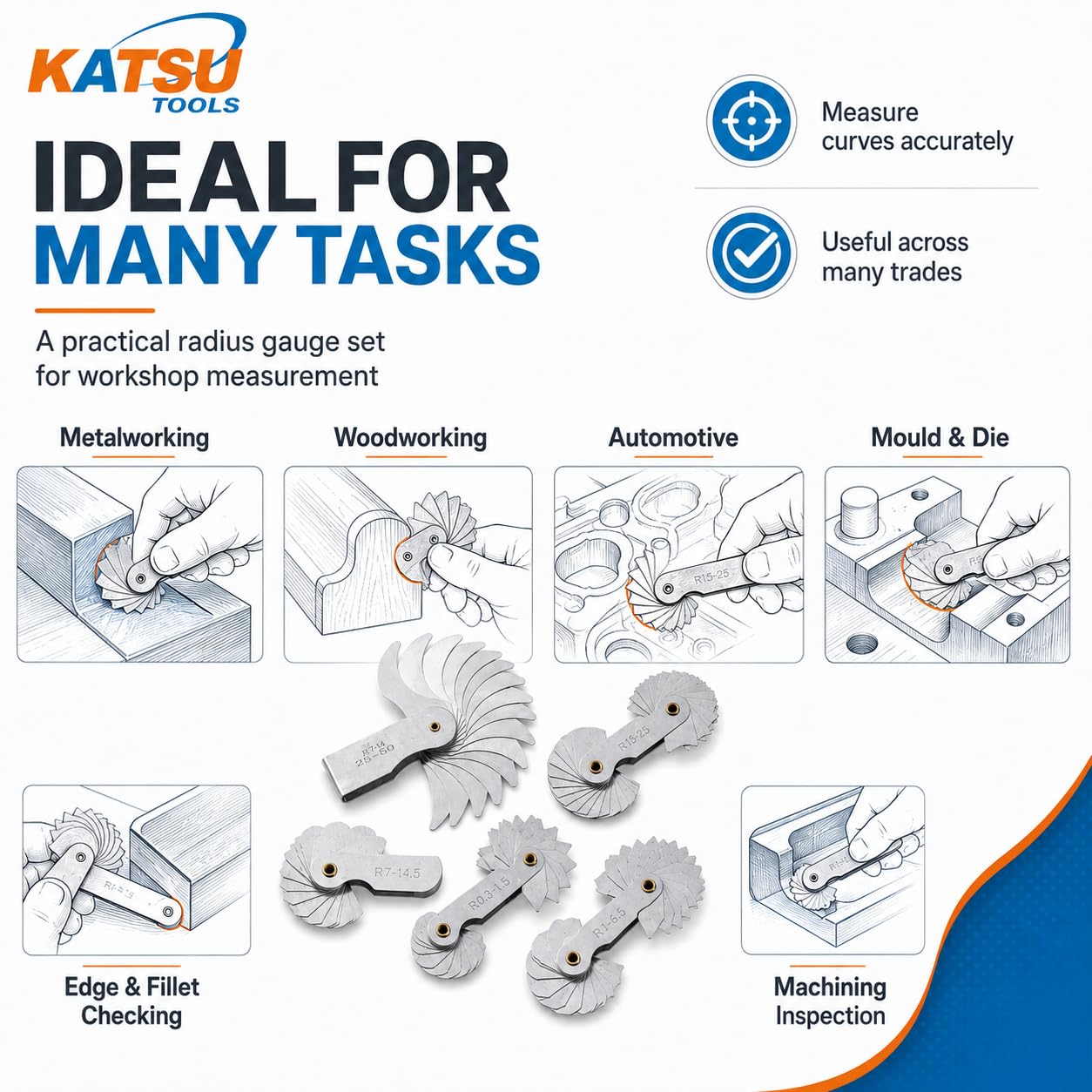 KATSU Radienlehre 6 Stück R0.3-1.5 / R1-6.5 / R7-14.5 / R15-25 / R25-50 / R52-100 Metall Radius Filetlehre Lehr Tragbares konkaves konvexes Messwerkzeug Ingenieure
