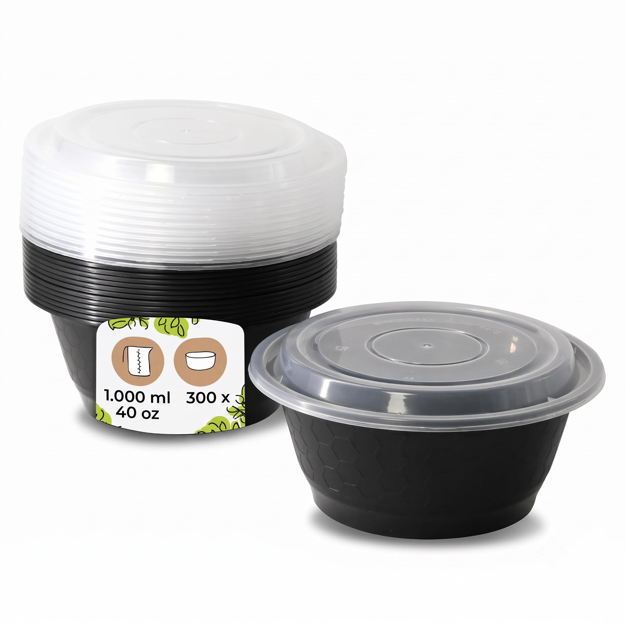 300x Envase reutilizable con tapa de PP 1000 ml negro - Conservación de alimentos apto para microondas y reciclable - envase para llevar