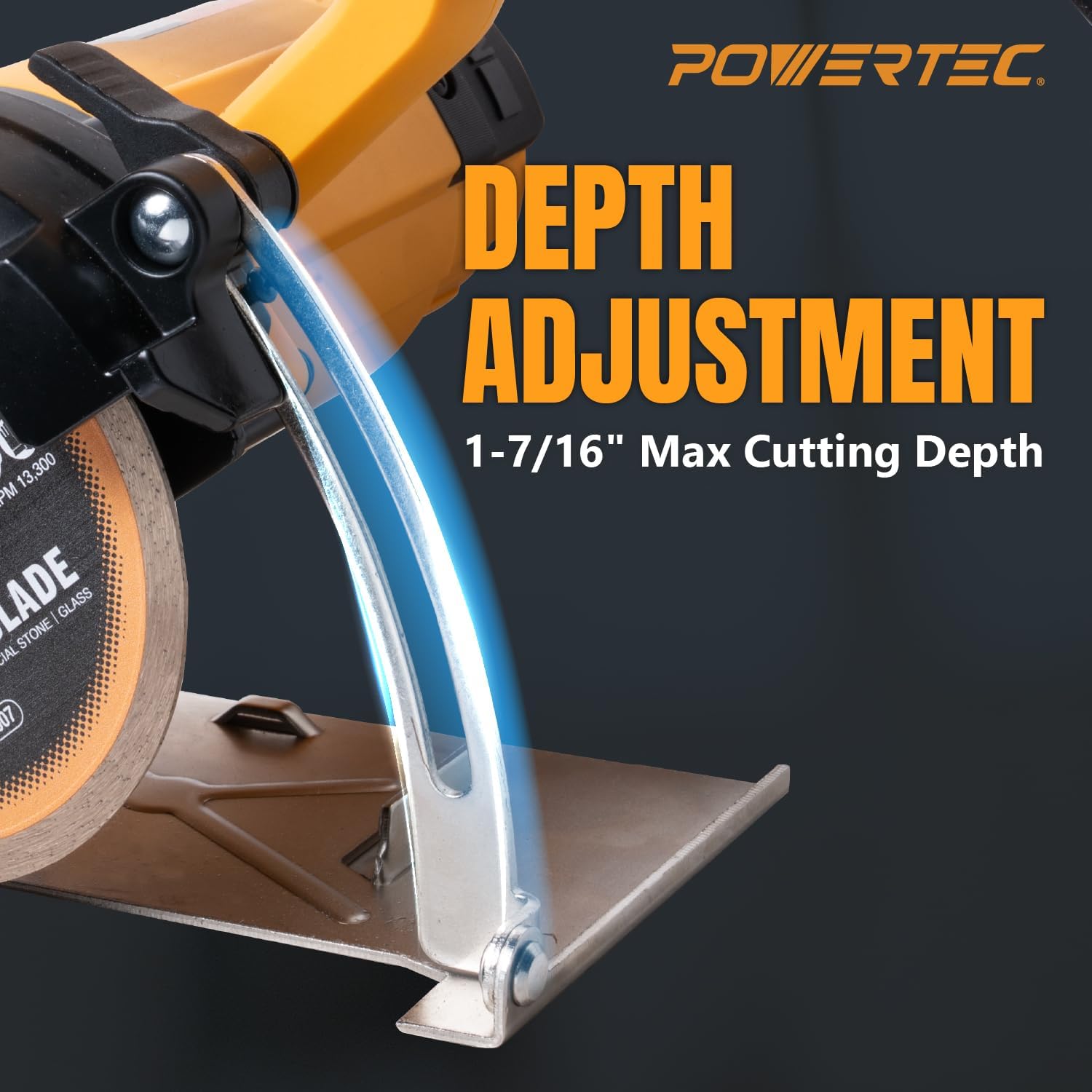 POWERTEC HTS1045C 4.5" Handheld Tile Saw w/ 1 Extra Blade – 12Amp/1400W Motor, Wet/Dry Cutting with Adjustable Water Feed System, GFCI Plug, Bevel & Depth Adjustment, Compatible 4"-4.5" Diamond Blades