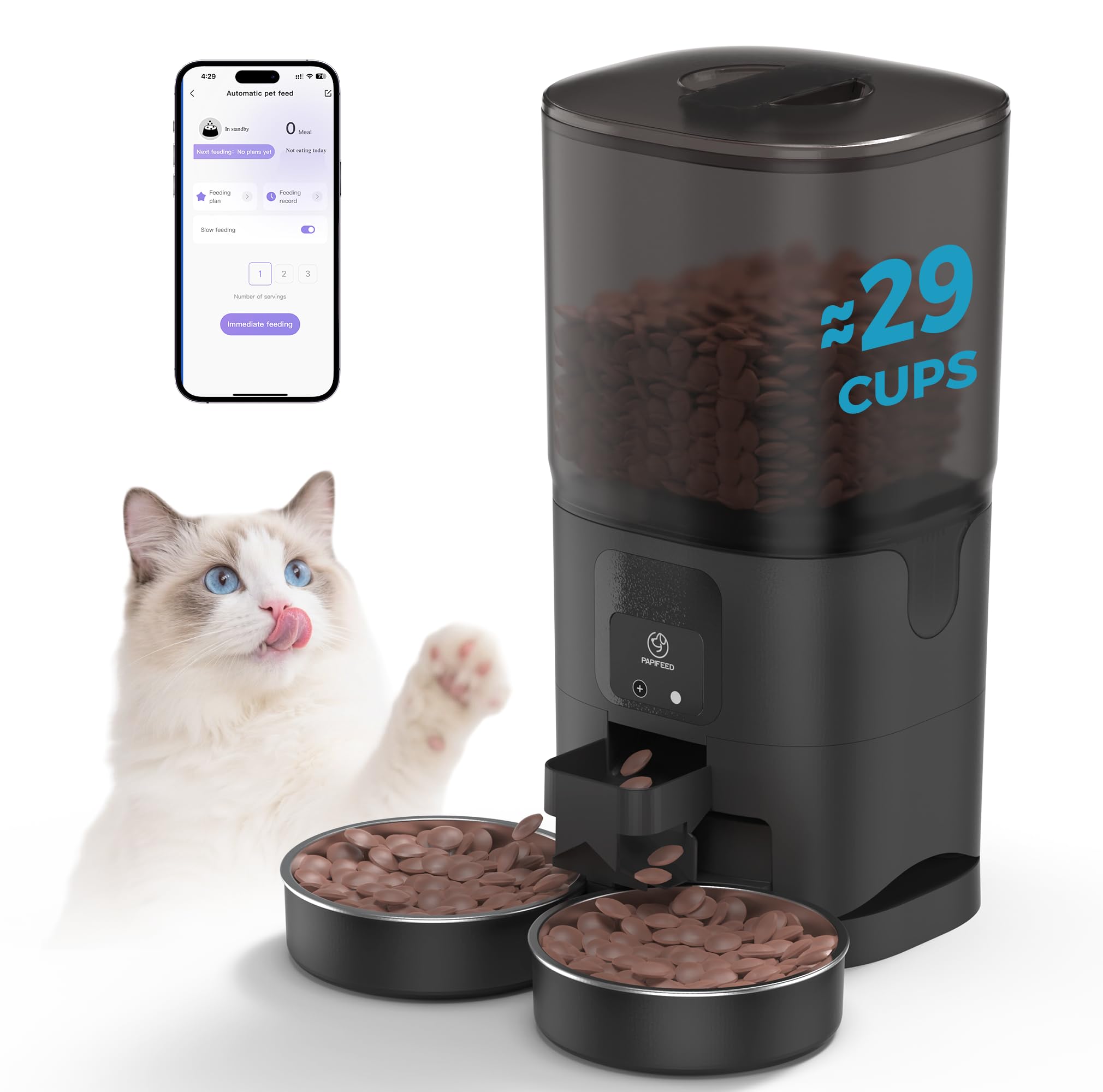 PAPIFEED 7L Automatic Cat Feeder for 2 Cats - 2.4G WiFi Timed Auto Feeder with APP Control, Cat Food Dispenser with Alexa for Multiple Cats, Detachable for Easy Clean, 1-10 Meals Per Day - Black