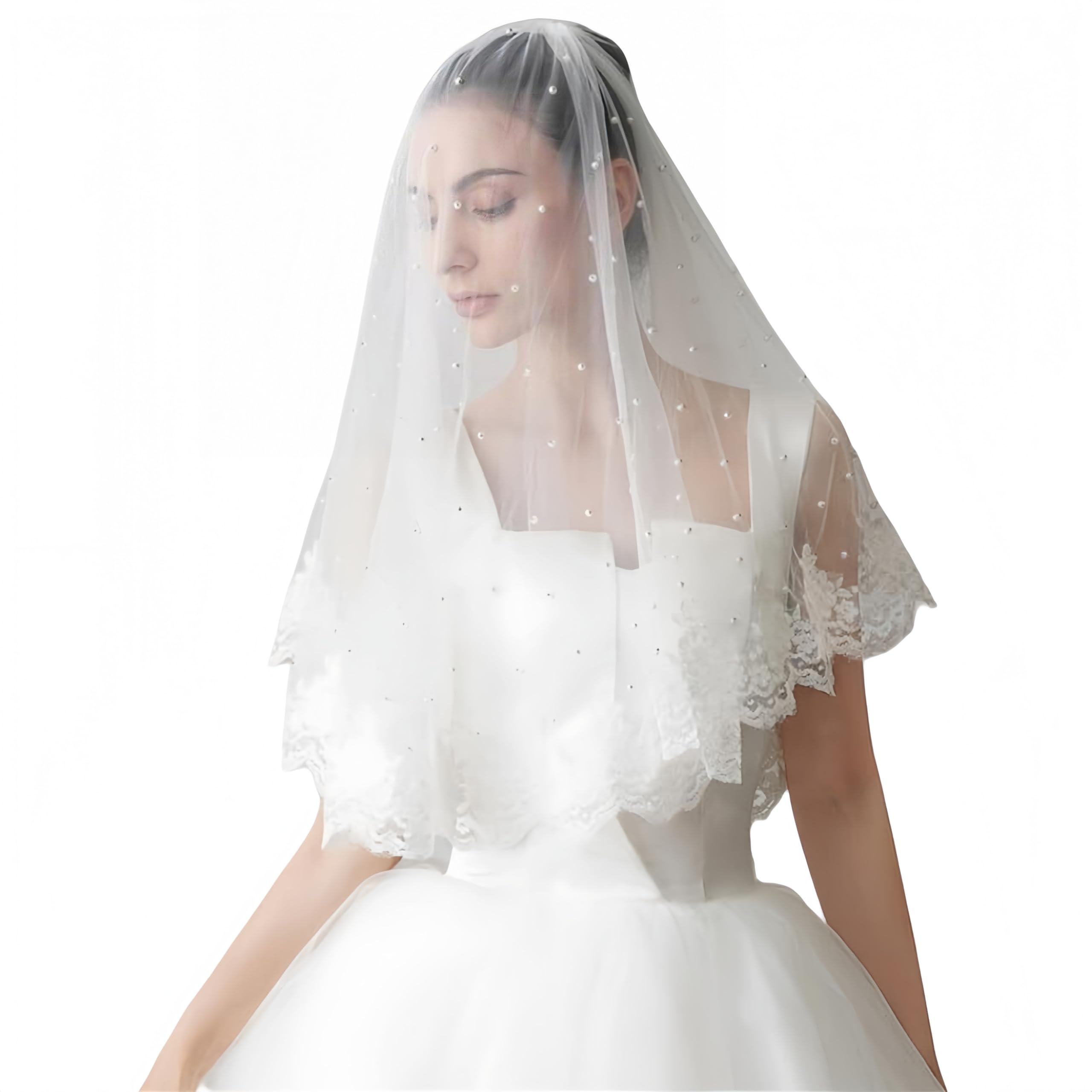 Yacoxe Women's White Double Layer Lace Short Veil With Pearls With Comb Anti-Wrinkle, Easy To Store, Textured, Dual-Purpose Design, Solemn For Brides Party Wedding Veil(White)