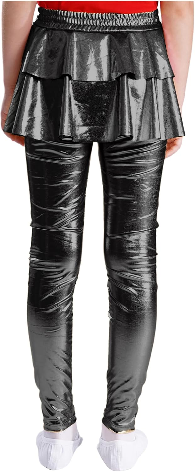 ACSUSS Kids Girls Metallic Ruffle Skirted Leggings Shiny Culottes Pants Stretchy Tights Sparkly Footless Pantskirt