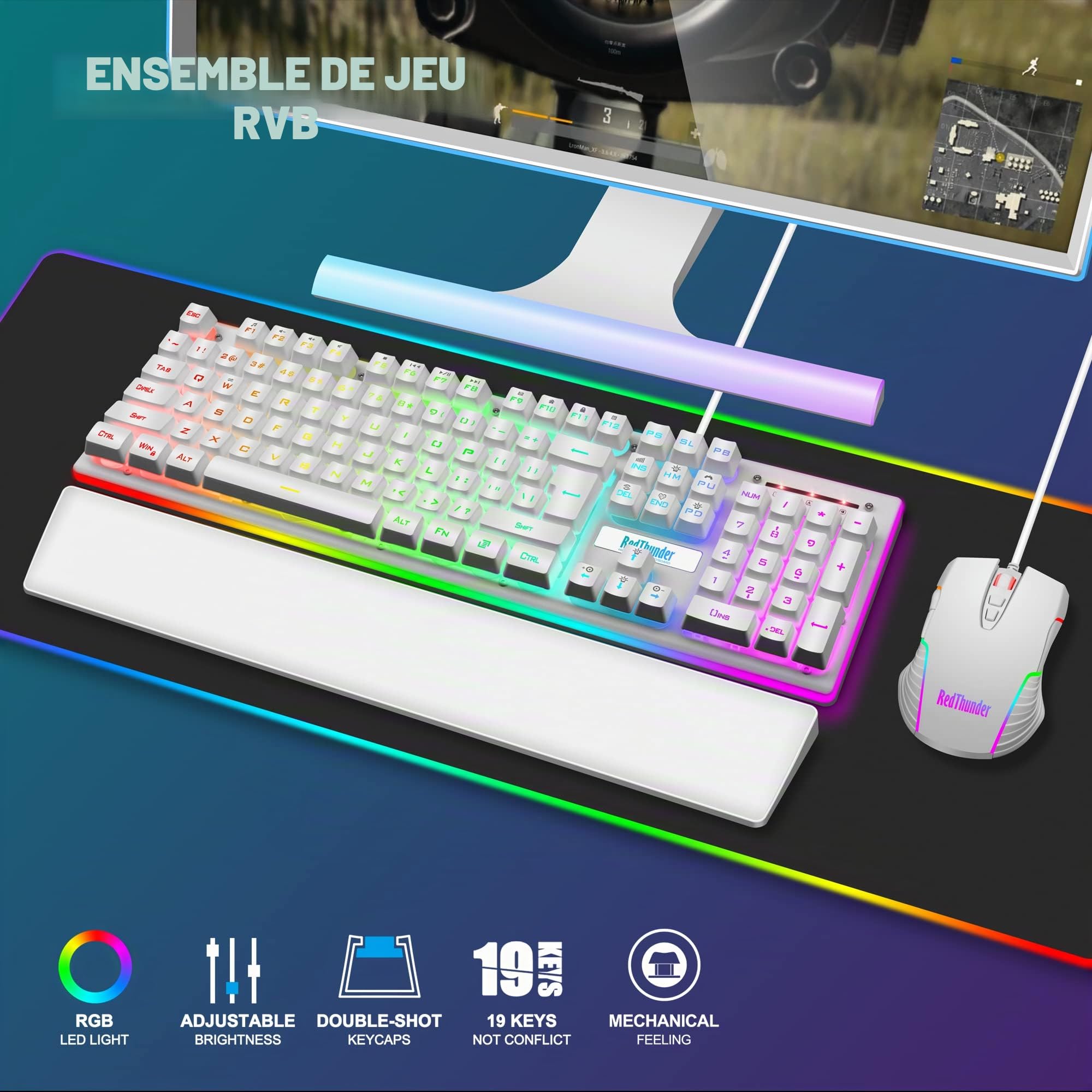 RedThunder K10 Clavier de jeu filaire et souris combiné, disposition britannique, rétroéclairage RVB, clavier ergonomique anti-ghosting + souris 7D 3200 DPI pour PC, Mac (blanc)