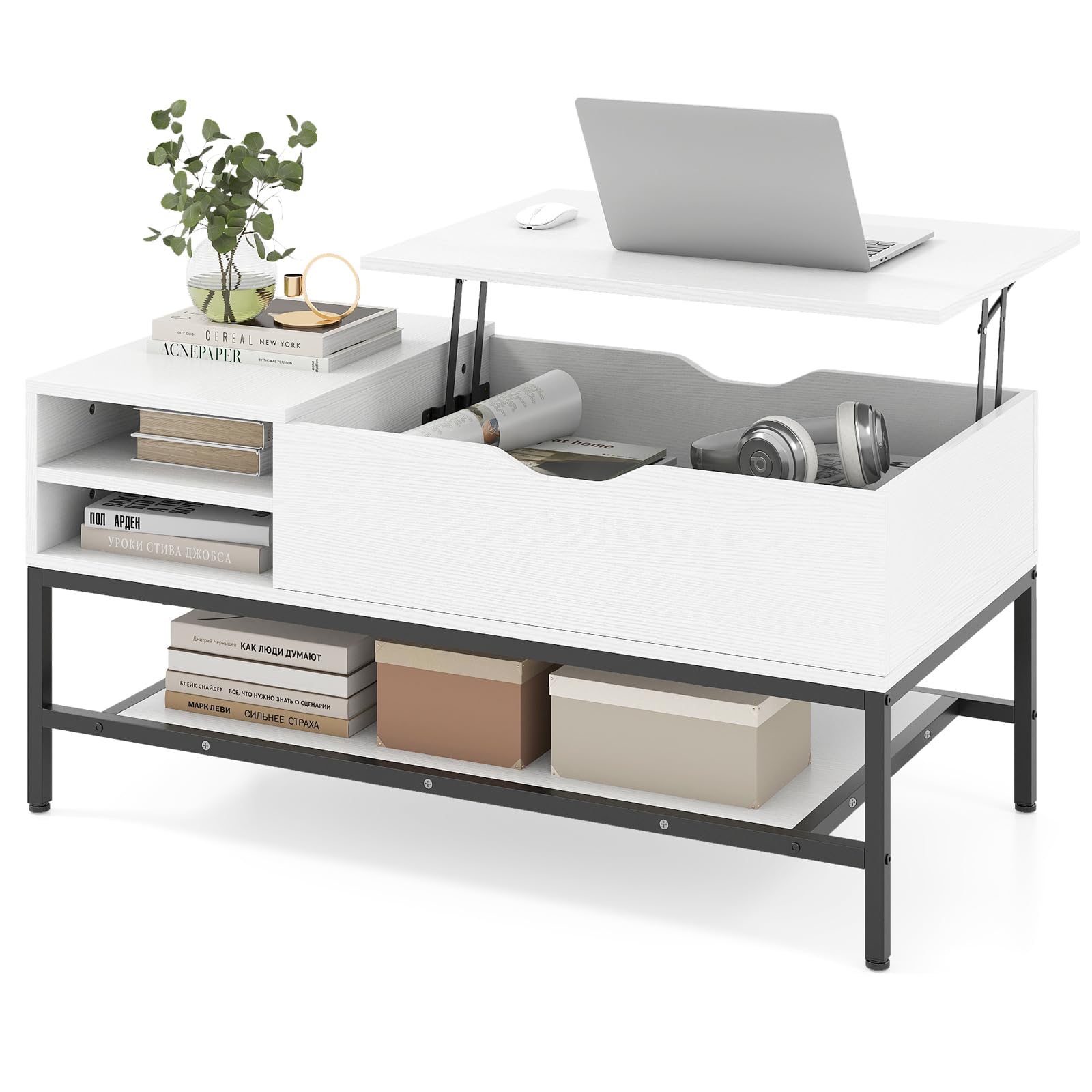 COSTWAY Lift Up Top Coffee Table, Wooden Lifting Cocktail Center Table with Hidden Storage Compartment and Open Shelf, Metal Frame Rectangle Accent Sofa Side Tea Table for Living Room (White)