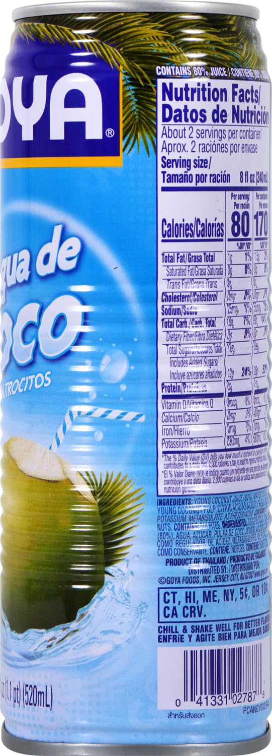 Goya Agua de Coco 520 ml, Refrescante Agua de Coco Natural con Trocitos de Pulpa, Sabor Tropical, Hidratante y Reconstituyente con Electrolitos y Minerales
