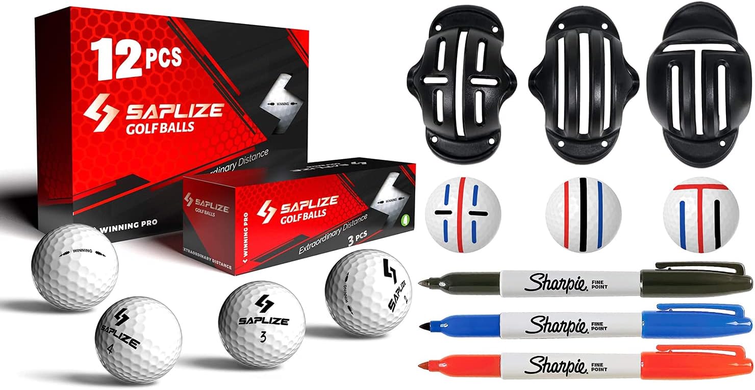 SAPLIZE Golf Ball Marker Alignment Kit and 12 Pack Distance Golf Balls for Indoor