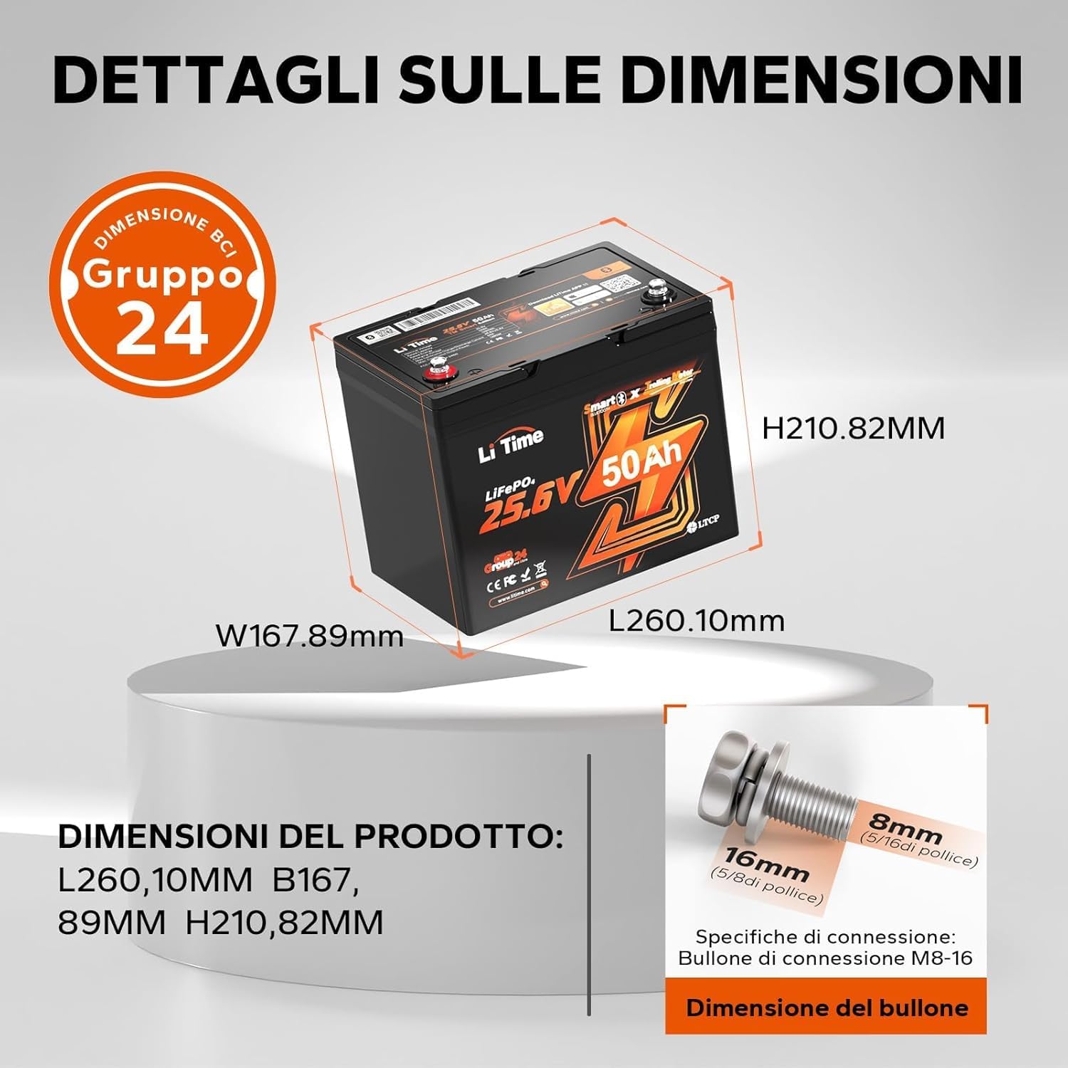 LiTime Batteria Litio 24V 50Ah LiFePO4 per Motore Elettrico Barca, Pesca | Bluetooth, BMS 50A, Max 15000 Cicli, Energia 1280Wh, IP65, Protezione Basse Temperature, Max 4P4S, per Barche, Nautica