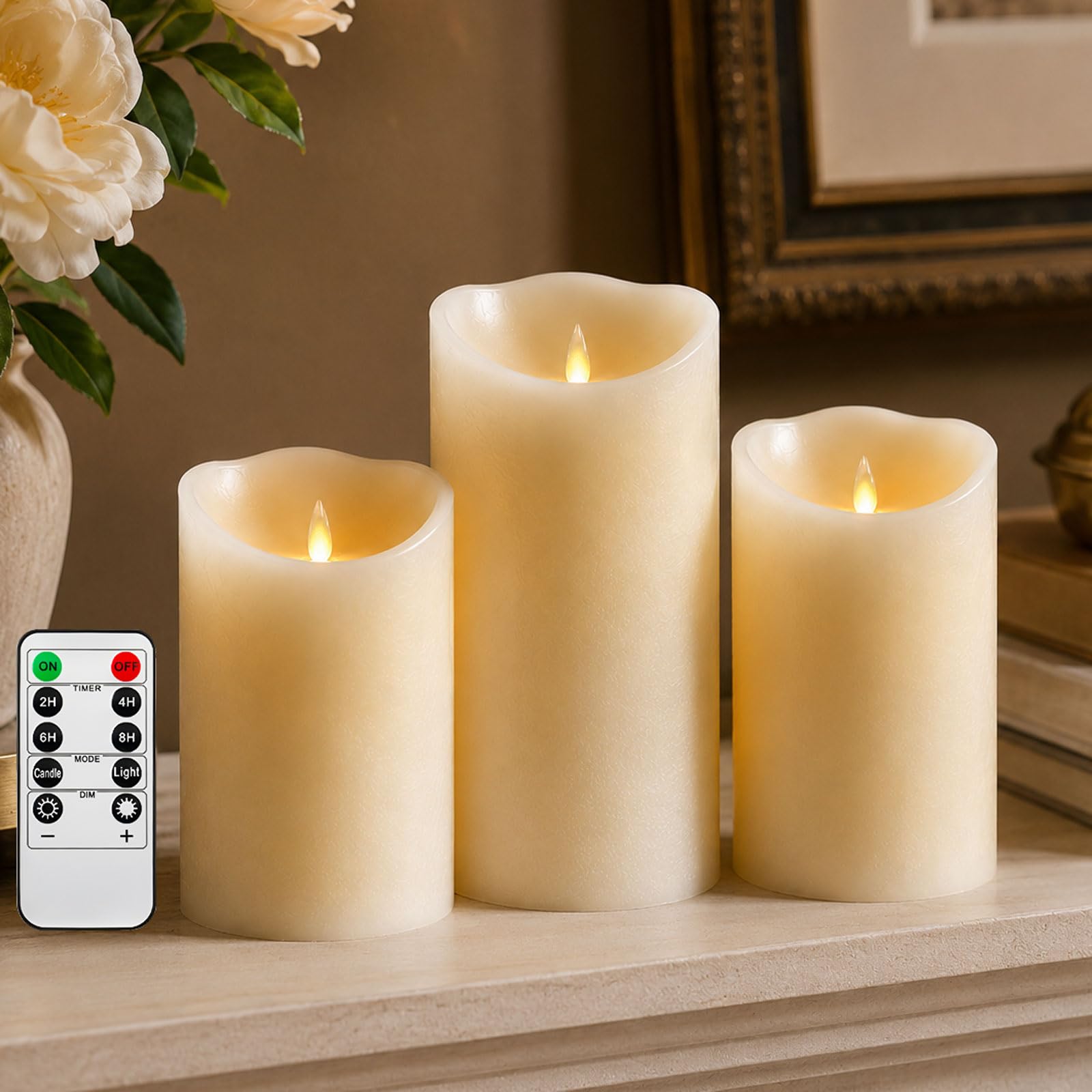 Da by 3 Velas LED Marfil con Mecha Oscilante Móvil Realista, Luz Cálida, 1 Mando, Cera Natural, 3 Tamaños Surtidos, Reutilizables y Ecológicas para Decoración Hogar, Bodas y Eventos