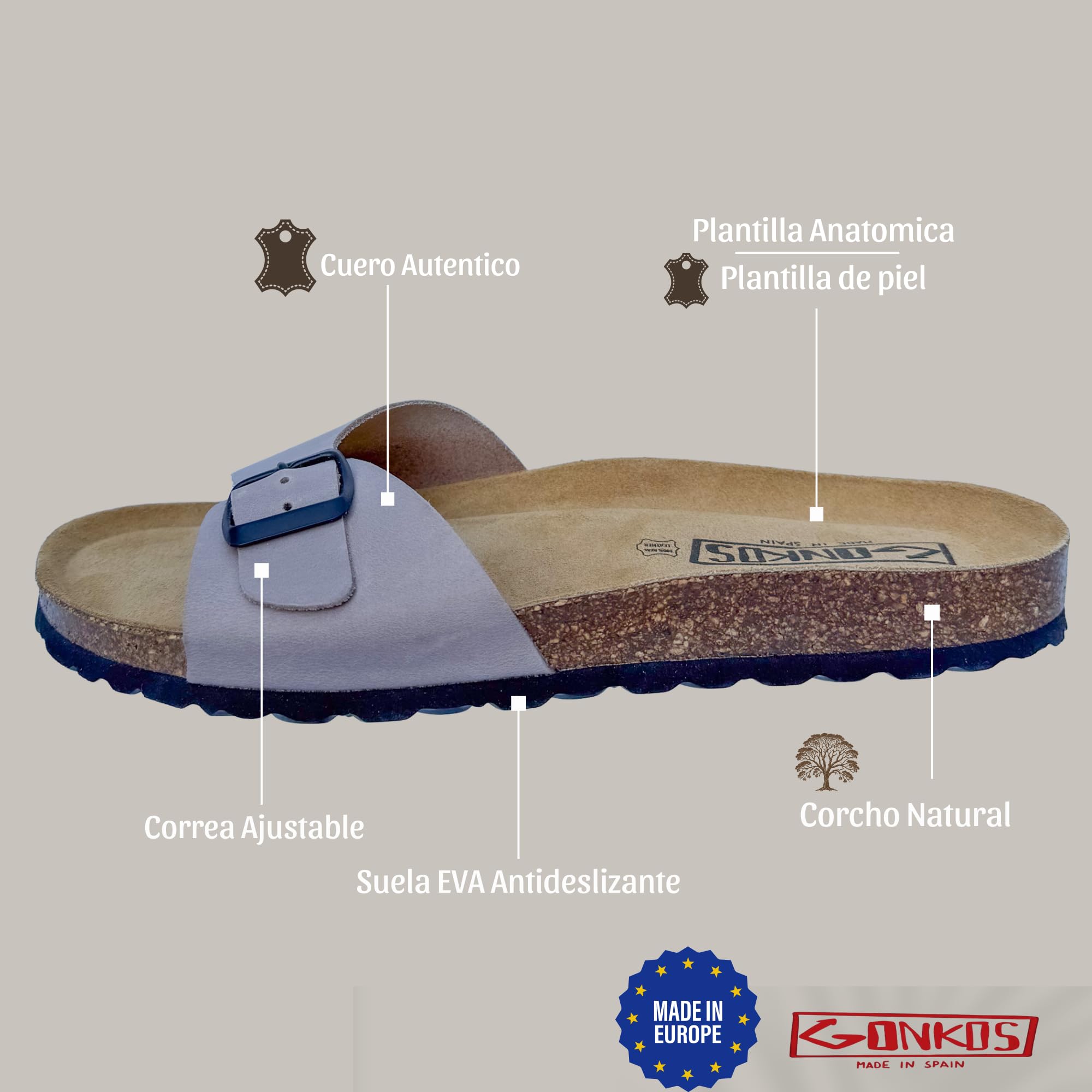 Sandalias de Piel con Plantilla de Corcho, Piel Autentica, Corcho Natural, Hebilla ajustables, Sandalias de Pala para Mujer, Suela antideslizante EVA, Calidad Hechas en España