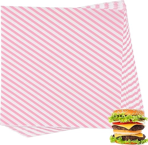 Suiwen 200 hojas de papel de regalo de alimentos a rayas rosas y blancas, papel encerado seco, forros de papel para canasta de alimentos de