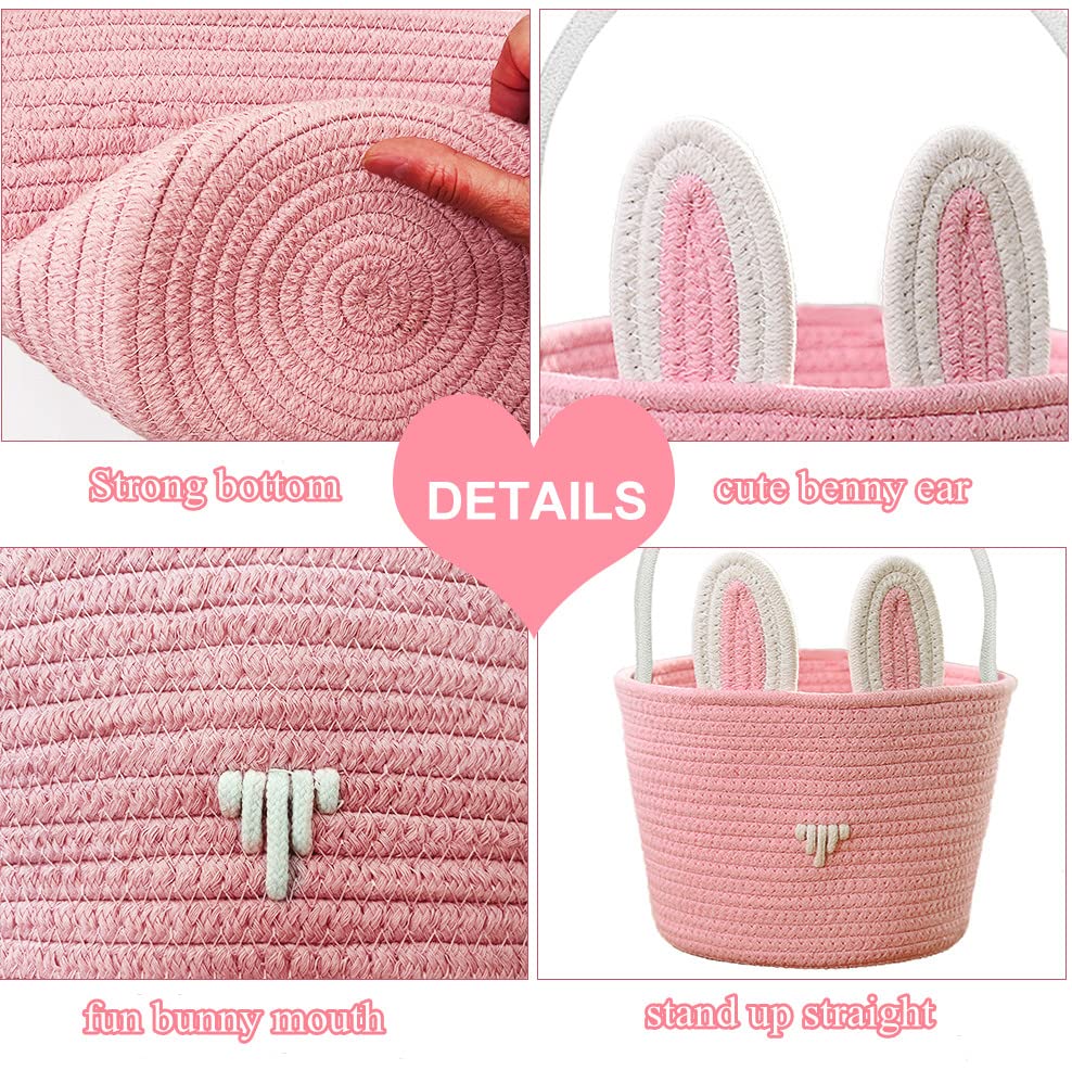 Miniatura 3 de 2 cestas de Pascua de conejo para niños, cesta de conejo de cuerda de algodón tejida a mano con asa para relleno de Pascua y búsqueda de huevos,