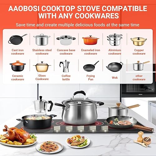 Miniatura 6 de AAOBOSI Cocina eléctrica de 30 pulgadas, 5 quemadores de 9000 W, control de perilla de cocina de cerámica integrada, estufa eléctrica, 9 niveles de