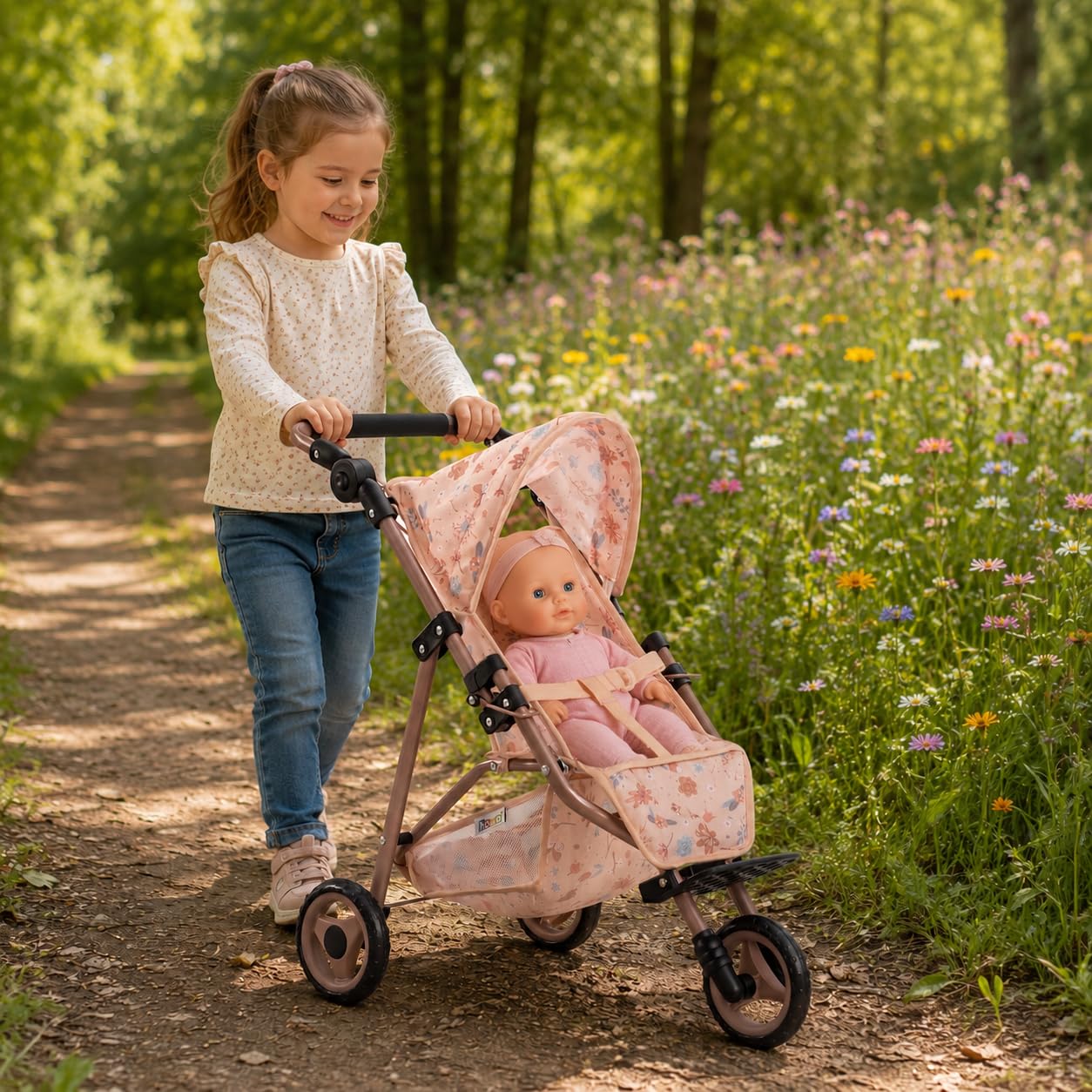 howa Puppenbuggy „miniflowers“ – eleganter Puppenwagen - Jogger für Puppen bis 50 cm, Puppenjogger mit höhenverstellbaren Schiebegriff 2260